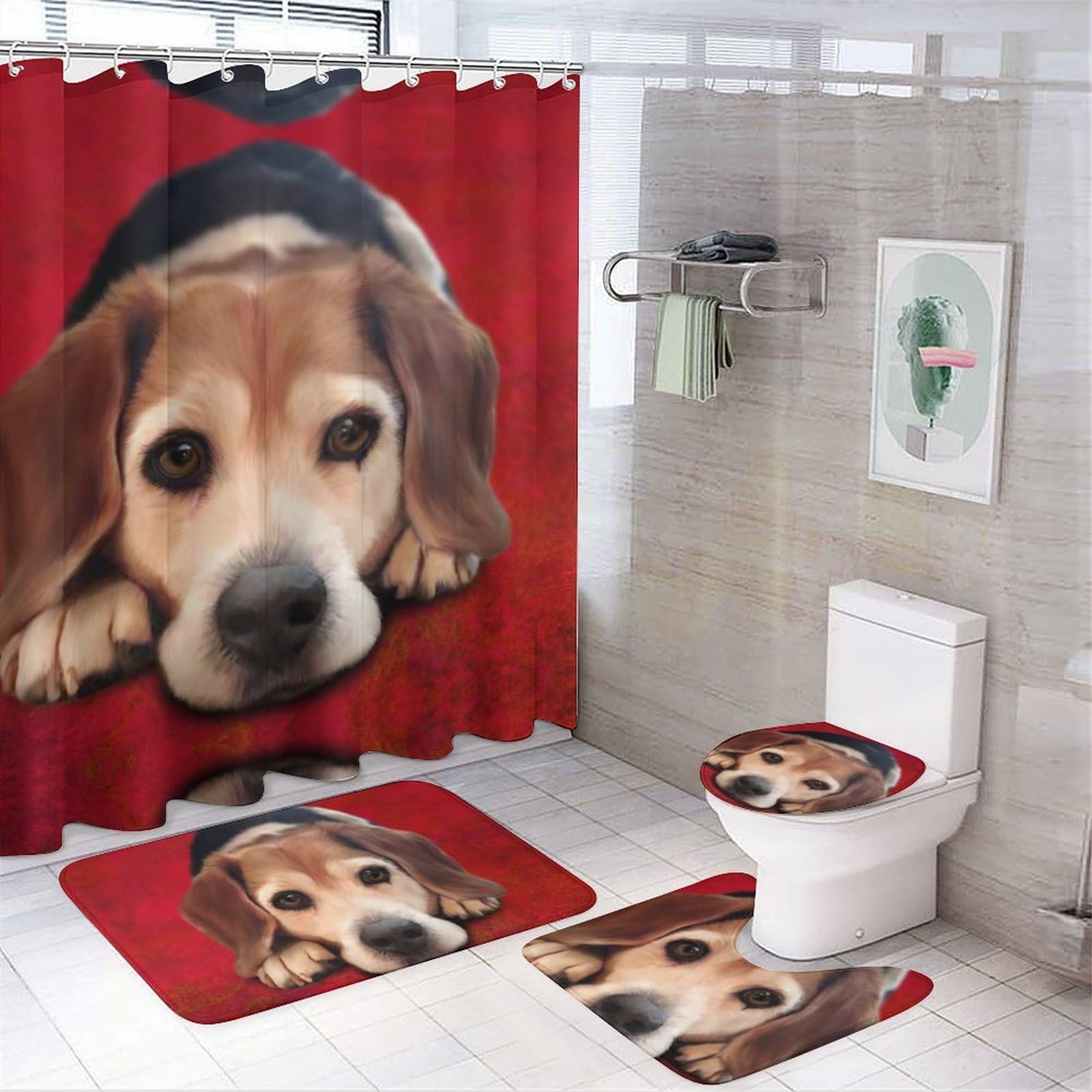 JZemdybill Bathroom Mat Set 4 Piece, Beagle Dog Shower Curtain with Non-Slip Bath Mats for Bathroom