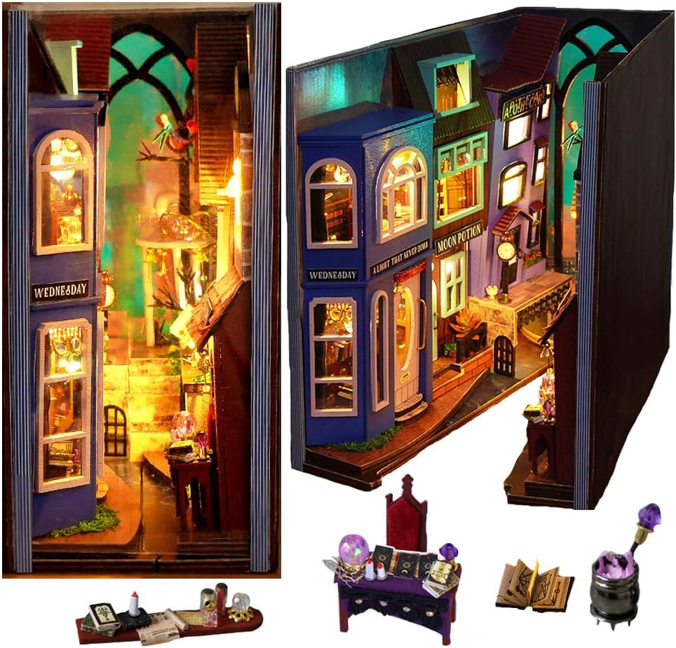 DIY Book Nook Kit, 3D Wooden Puzzle Miniature Booknook Bookend Bookshelf Decor with LED Light Furniture for Bookshelf Insert Decor Crafts Model Build Miniature House Kit Birthday