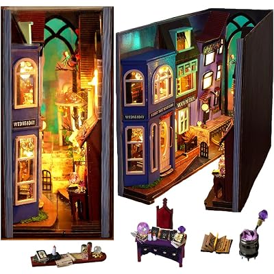 DIY Book Nook Kit, 3D Wooden Puzzle Miniature Booknook Bookend Bookshelf Decor with LED Light Furniture for Bookshelf Insert Decor Crafts Model Build Miniature House Kit Birthday