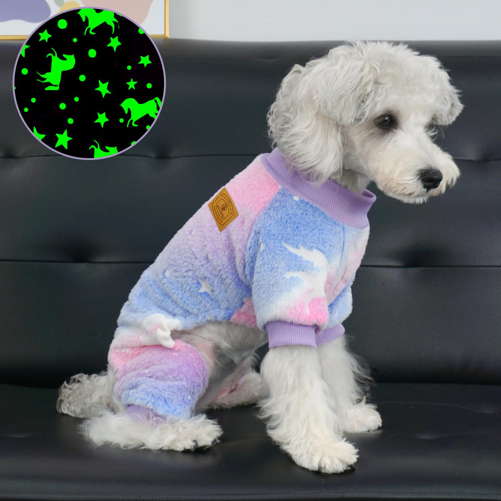 XPUDAC Hundepullover, leuchtet im Dunkeln, Fleece-Schlafanzug für kleine, mittelgroße Hunde, Mädchen, Jungen, Welpen, Kleidung für Halloween, Weihnachten, Winter (Größe S)