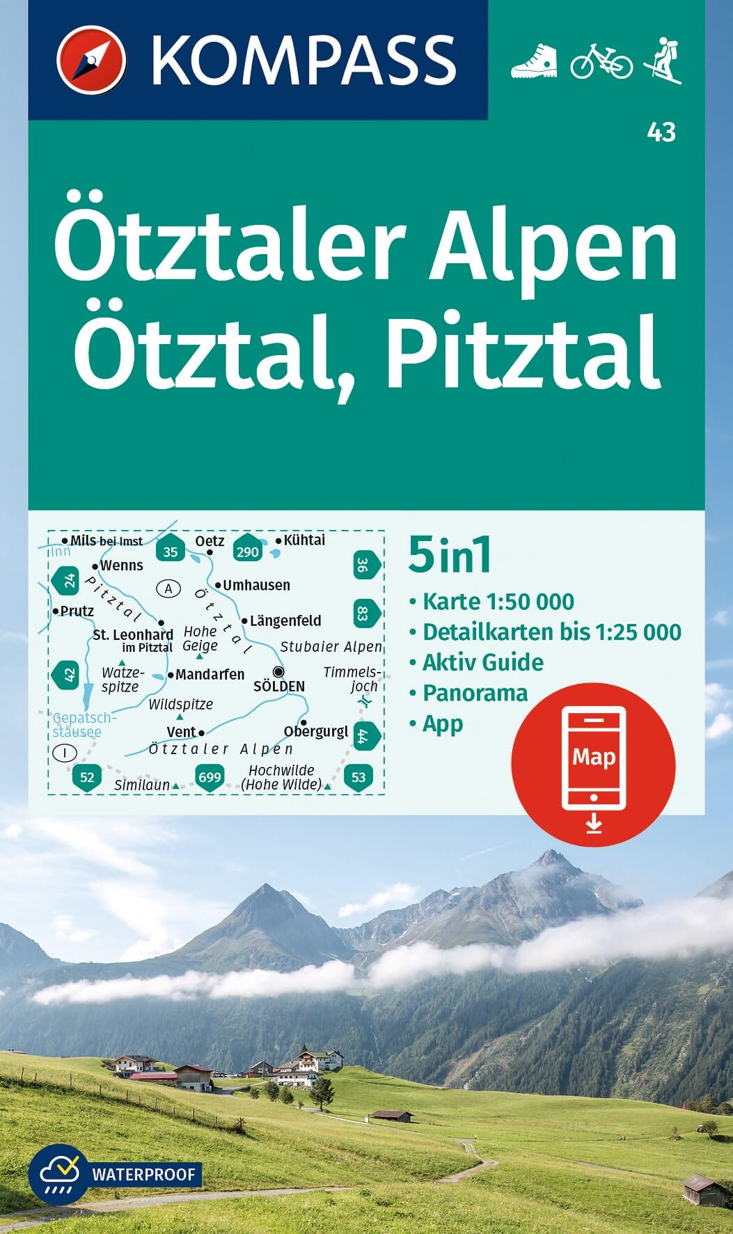 Otztaler Alpen 43 1:50, 000: 5-in-1 hiking map with panorama, activity guide and 1:25000 scale maps, (Kompass Wanderkarten, 43)