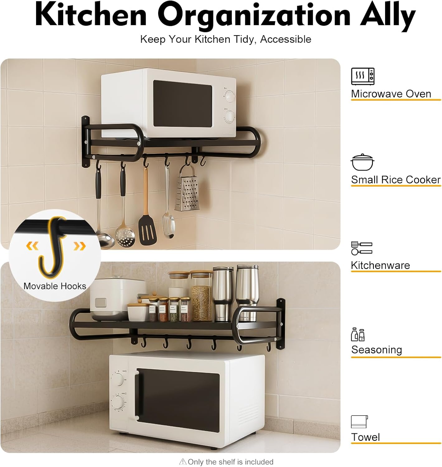 Wall Mount Microwave Oven Shelf with 6 Hooks,Wall Microwave Shelf for Kitchen,Black