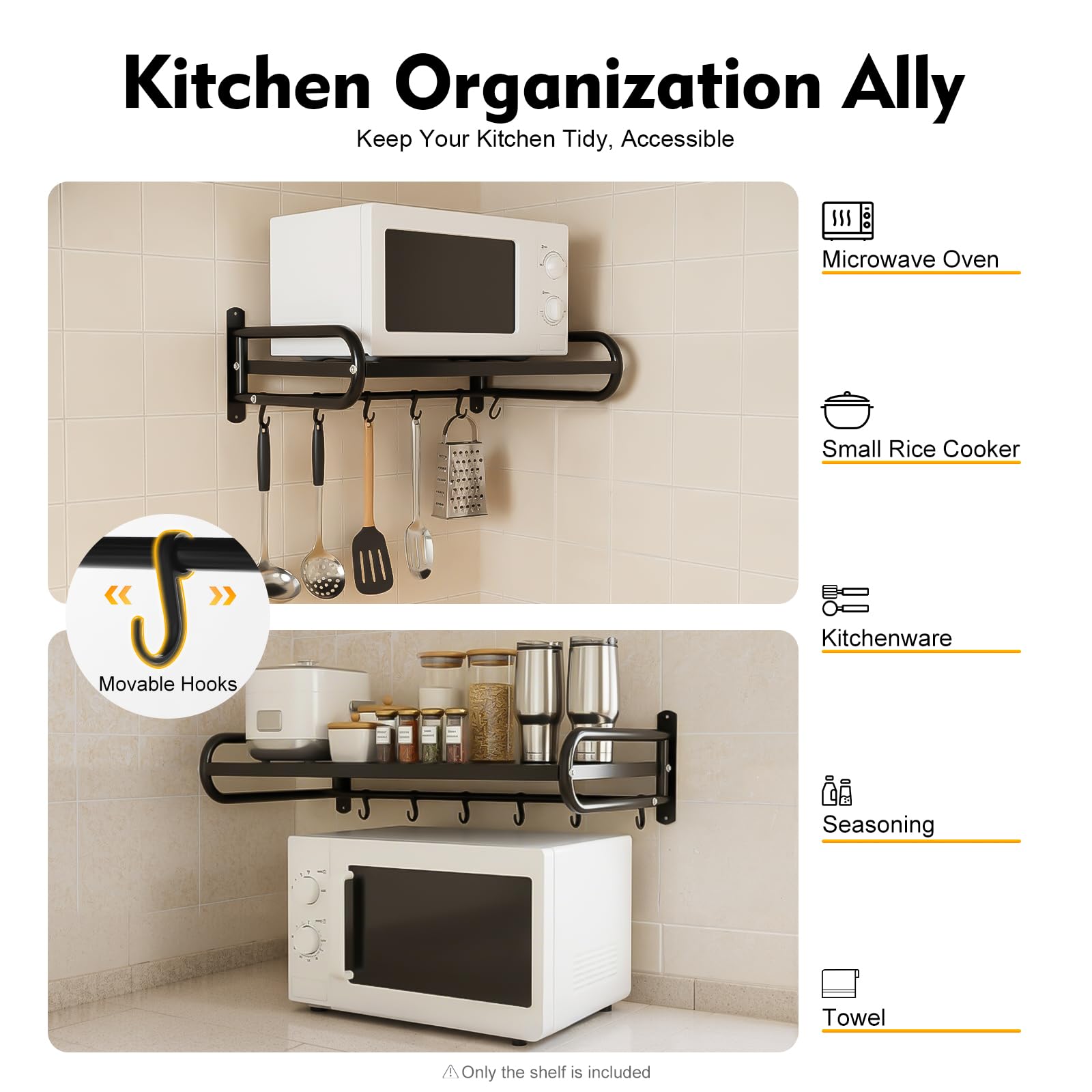 Wall Mounted Mikrowellen Regal Edelstahl Mikrowelle Halterung Mit 6 Mobile Haken 2cm Dicke KüChe Household Heavy Duty Shelves Mikrowellenhalter