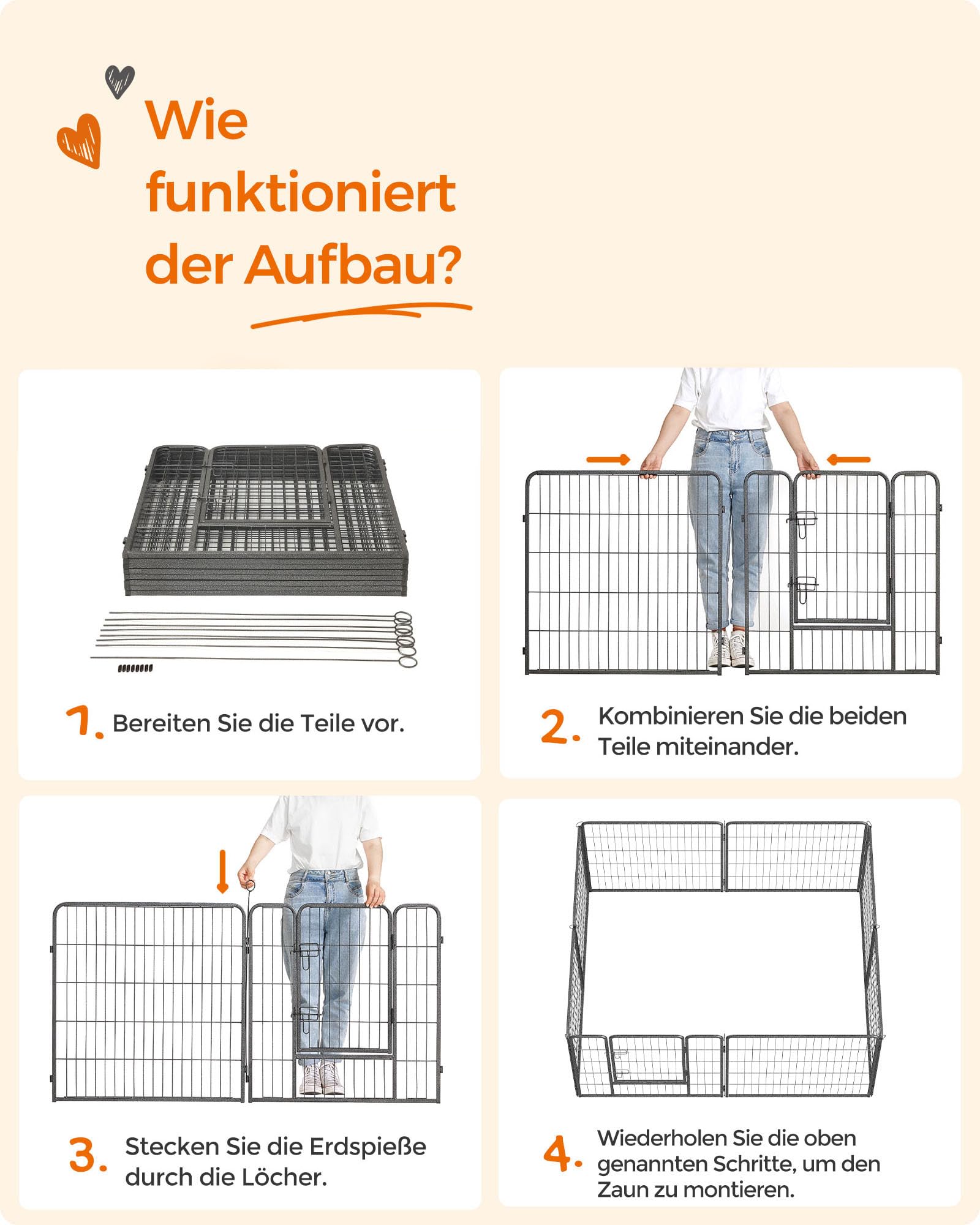 Feandrea Freilaufgehege, Laufstall DIY, mit 8 Gitterplatten je 77 x 80 cm, 2 L-förmige Riegel, transportabel, für innen und außen, extra große Haustiere ohne Halsband, grau PPK88G