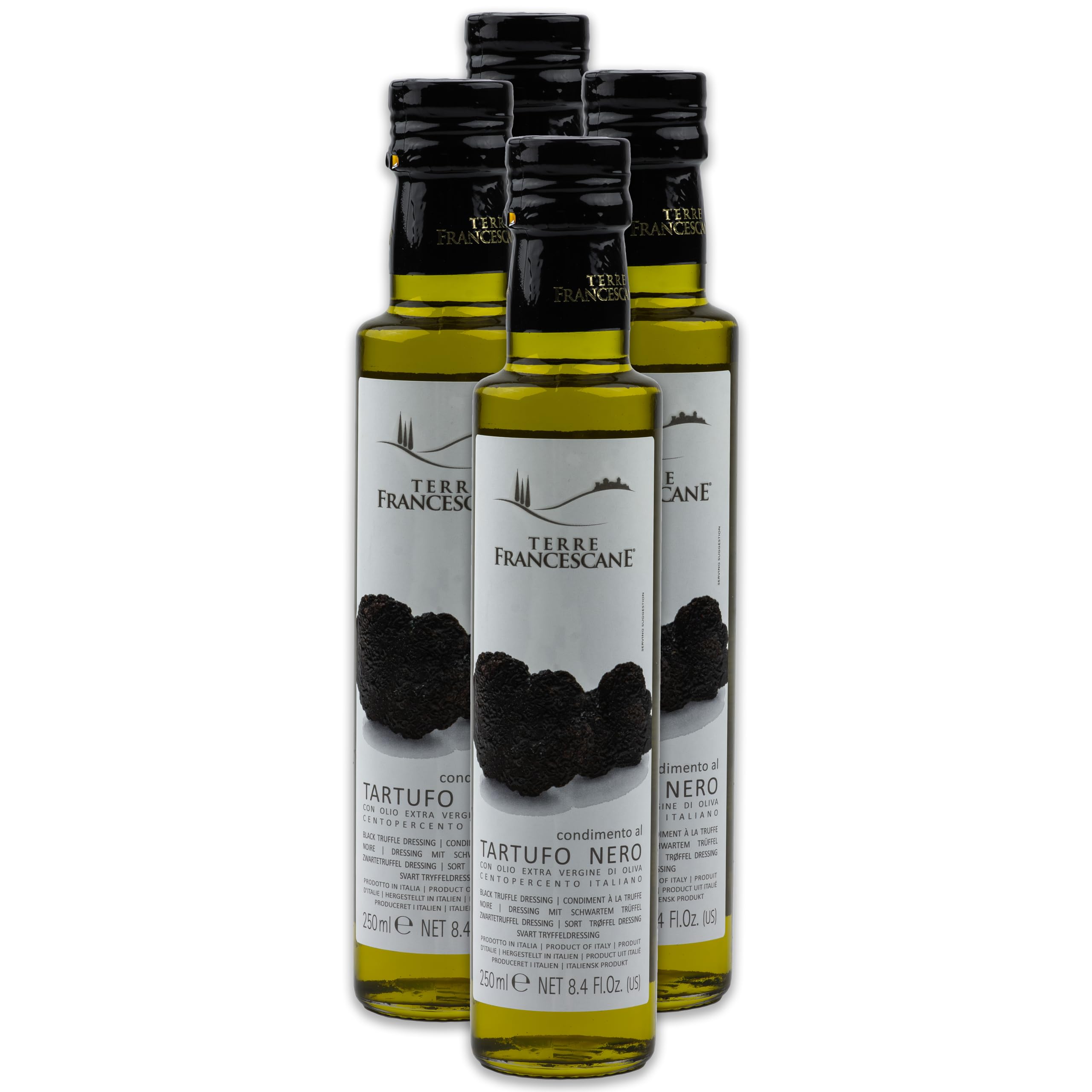 TERRE FRANCESCANE Trüffel-Öl 4x 250ml extra natives Olivenöl mit schwarzem Trüffel-Aroma Premium-Trüffelöl aus Italien für Feinschmecker-innen und Gourmetküche