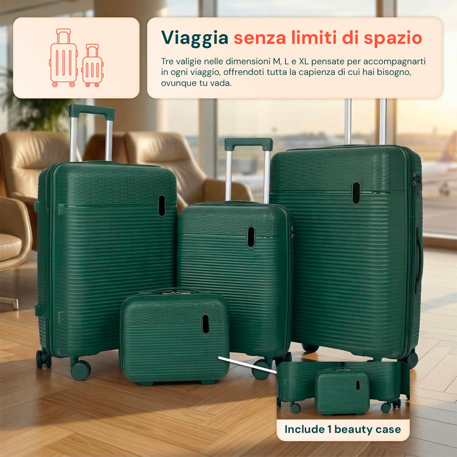 Avilia Set Valigie da Viaggio Rigide in ABS con Beauty Case - Set 3 Trolley 4 Ruote Doppie, Valigia Piccola Media Grande, Organizzazione Interna, Chiusura Rinforzata - Set 4 Pezzi (Verde)