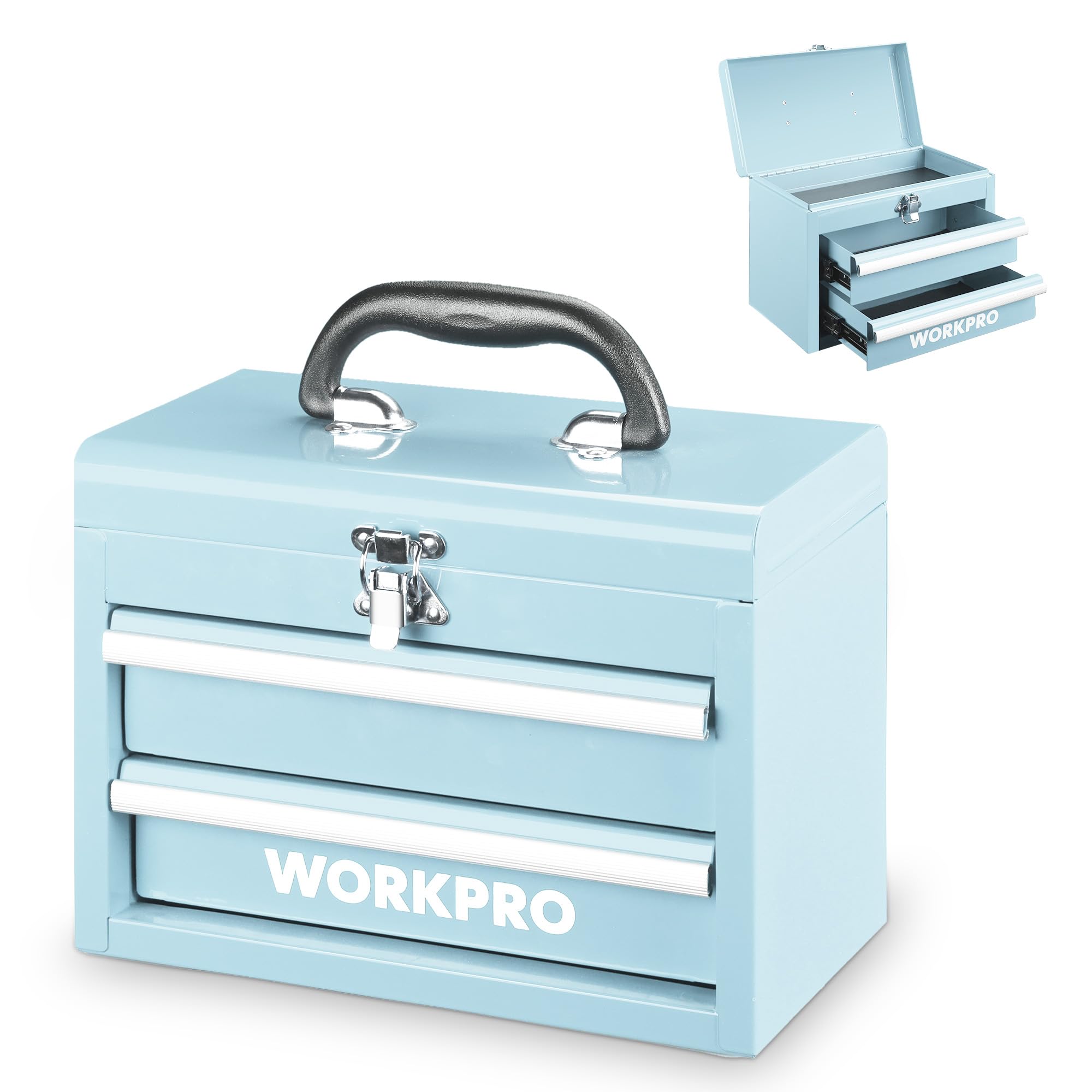 WORKPRO Maletín de Herramientas Metálico con 2 Cajones | Organizador Portátil Pequeño con Asa y Cerradura, Caja de Herramientas para Uso Doméstico, Oficina y Taller- Azul Macaron