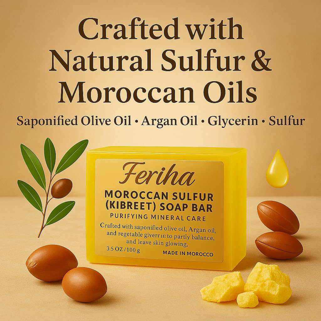 FERIHA Moroccan Sulfur Glycerin Soap Bar — Handmade, Clarifying Cleanser for Oily/Combination Skin, 3.5 oz - Image 2