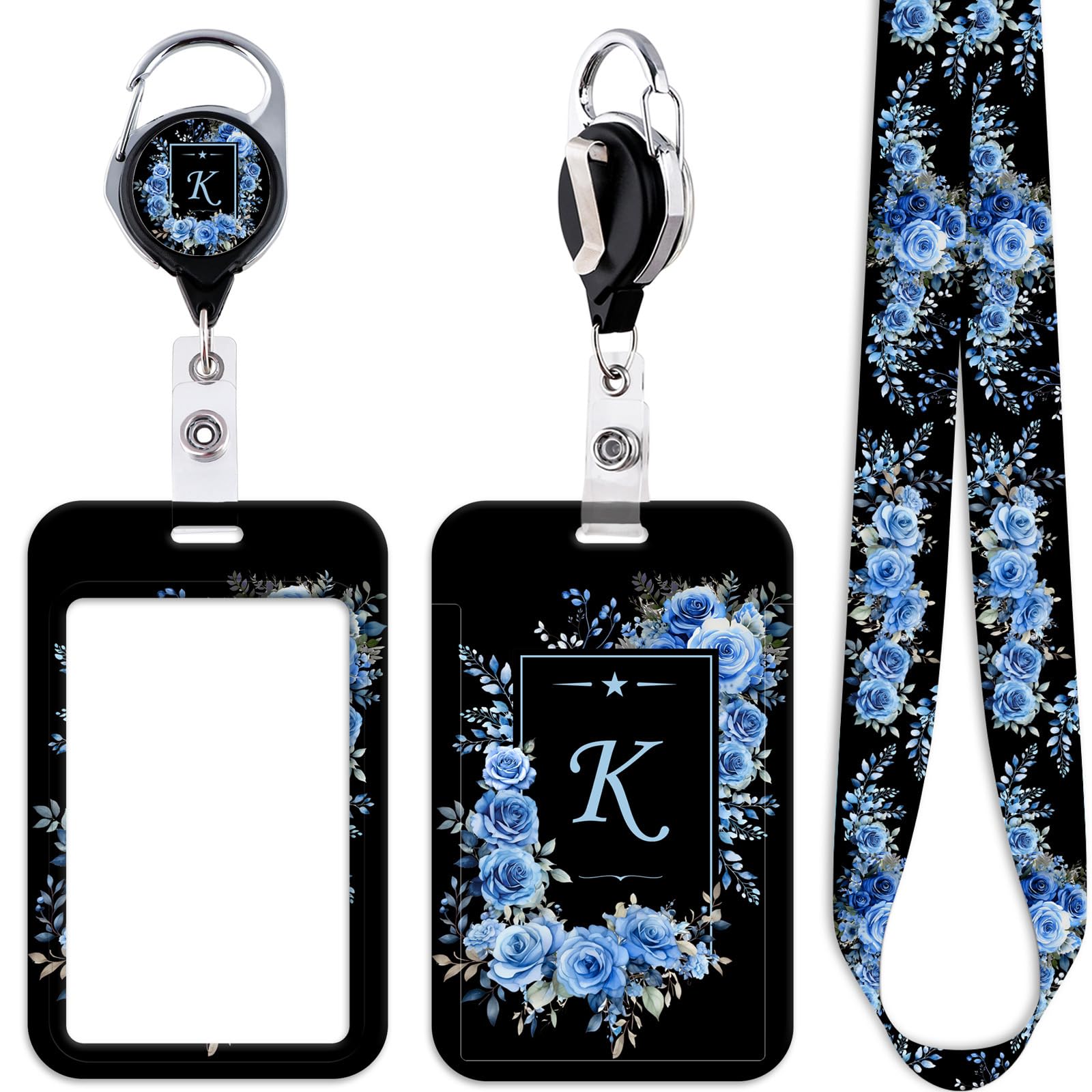 Blue Rose ID Lanyard Card Holder & Retractable Badge Reel Clip Cute Neck Lanyard for Keys ID Badges for Women Nurses Girls Teachers for Work School Flowers Heavy Duty Retractable Badge Holder Reel — image 1