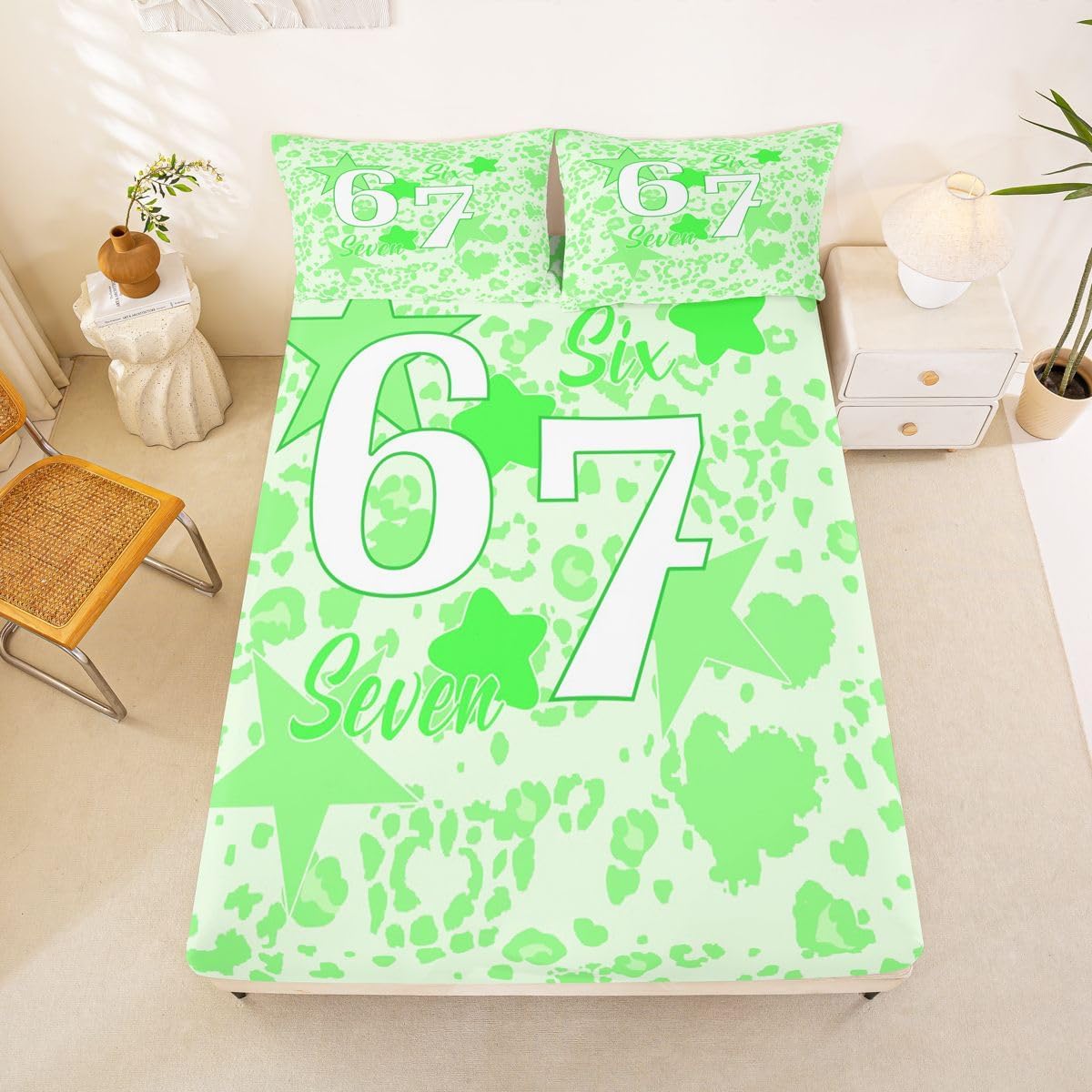 Neon Green Fitted Sheets Full Size for Kids Girls,67 Number Love Heart Star Bedding Set 3Pcs Child Teens Room Decor Modern Leopard Bed Sheets Watercolor Deep Pocket Sheet （No Flat,2 Pillowcases
