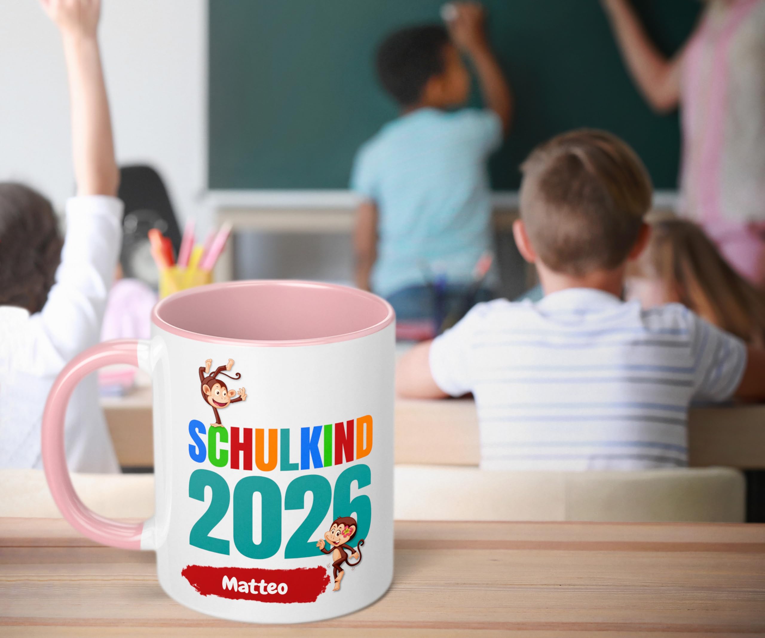 Geschenk zur Einschulung für Mädchen und Jungen: personalisierte Tasse Schulkind 2026" Affen-Motiv mit Namen, Rosa