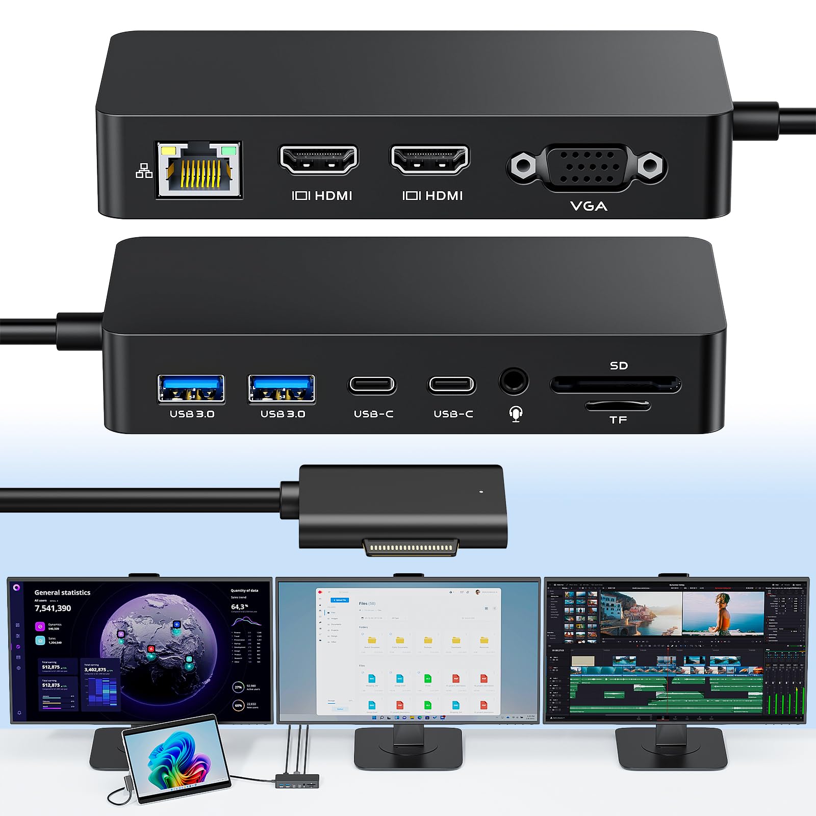 12 w 1 Microsoft Surface Dock z trzema ekranami, dwoma portami HDMI i jednym VGA oraz zasilaczem sieciowym, stacja dokująca Surface Pro do Microsoft Surface Pro 11/10/9/8/X/7/6/5/4, Surface Laptop Go