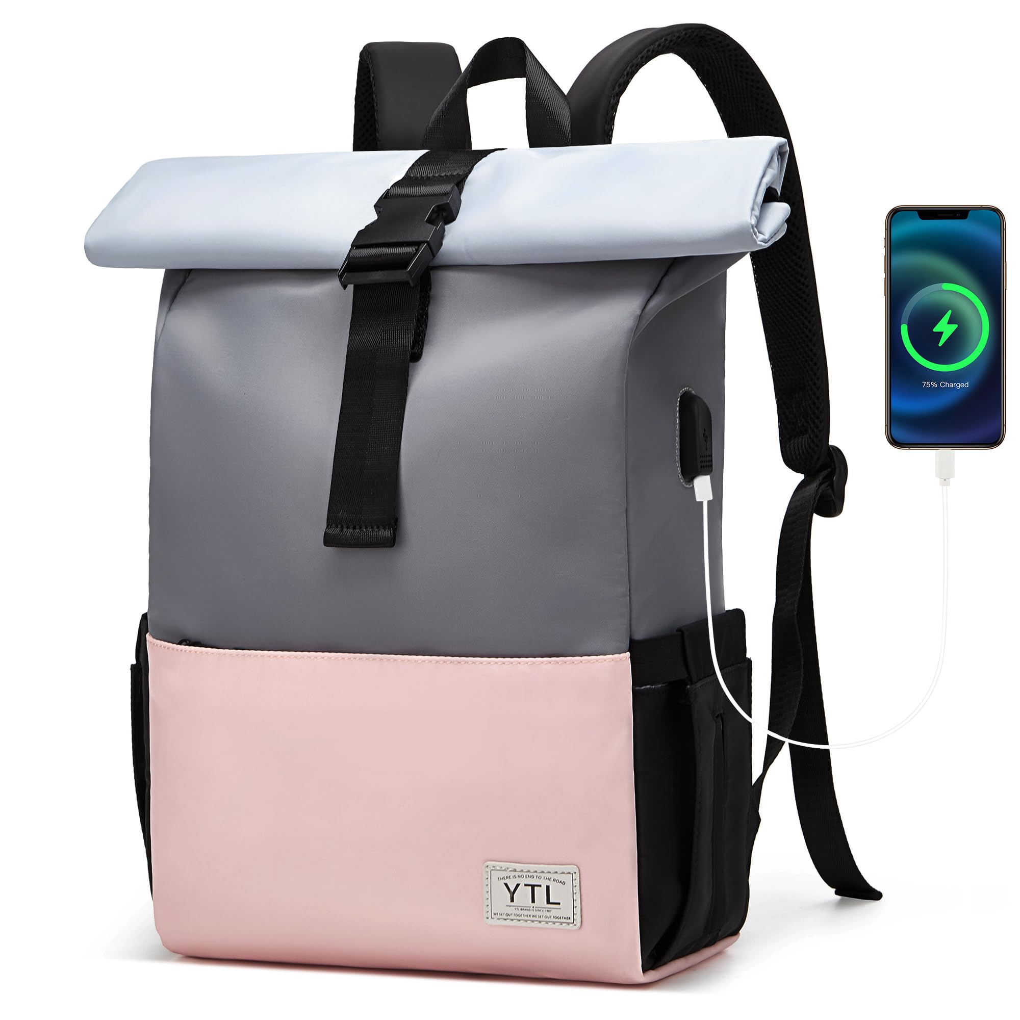 YTL Rolltop Rucksack Damen & Herren,Leichte Rucksäck Wasserdichte Tasche Radfahrenrucksack Reiserucksack Schultasche Teenager Backpack Women Viel Fächer mit 15,6" Laptopfach