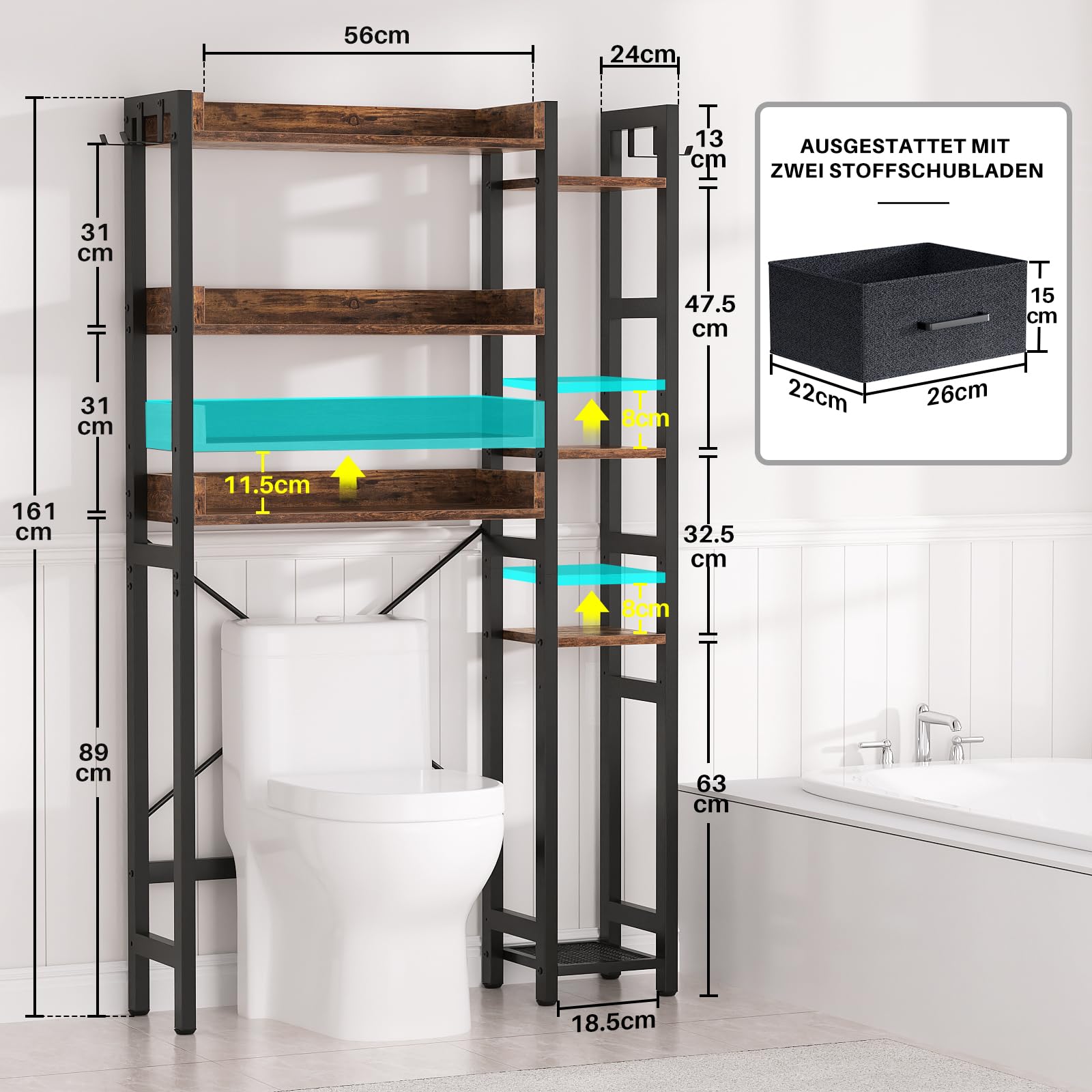 iSunirm Waschmaschinenregal mit 2 Schubladen – 7-stöckiger Toilettenregal mit verstellbarem Regal, Toilettenregal mit 4 Haken für Bad und Waschküche, Rustikales Braun