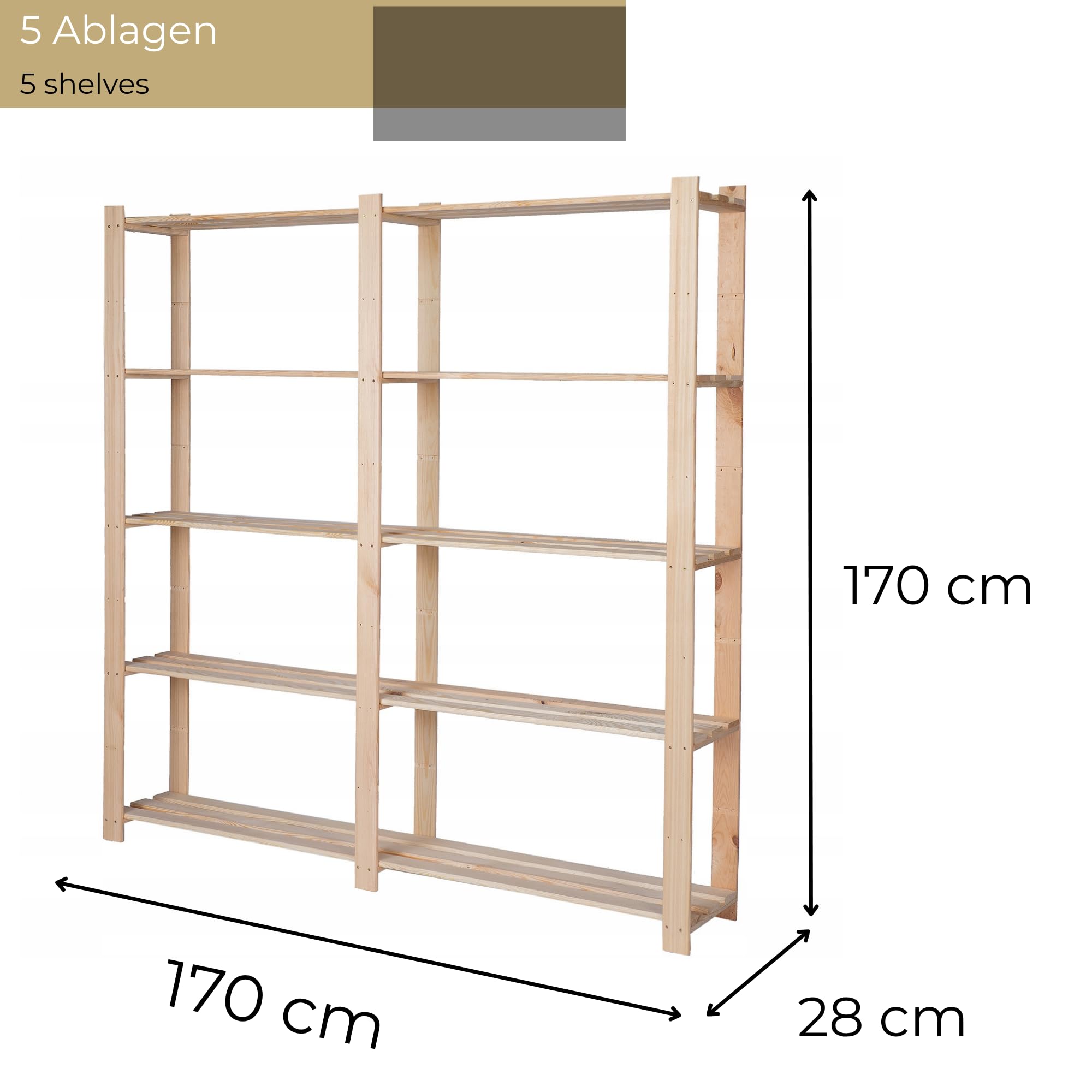 Estantería de Madera 170x170x28 cm Color Natural con 5 Baldas Estantería Grande de Pie para Garaje Sótano Salón Baño Estantería de Almacenamiento de Madera de Pino Soporte para Plantas