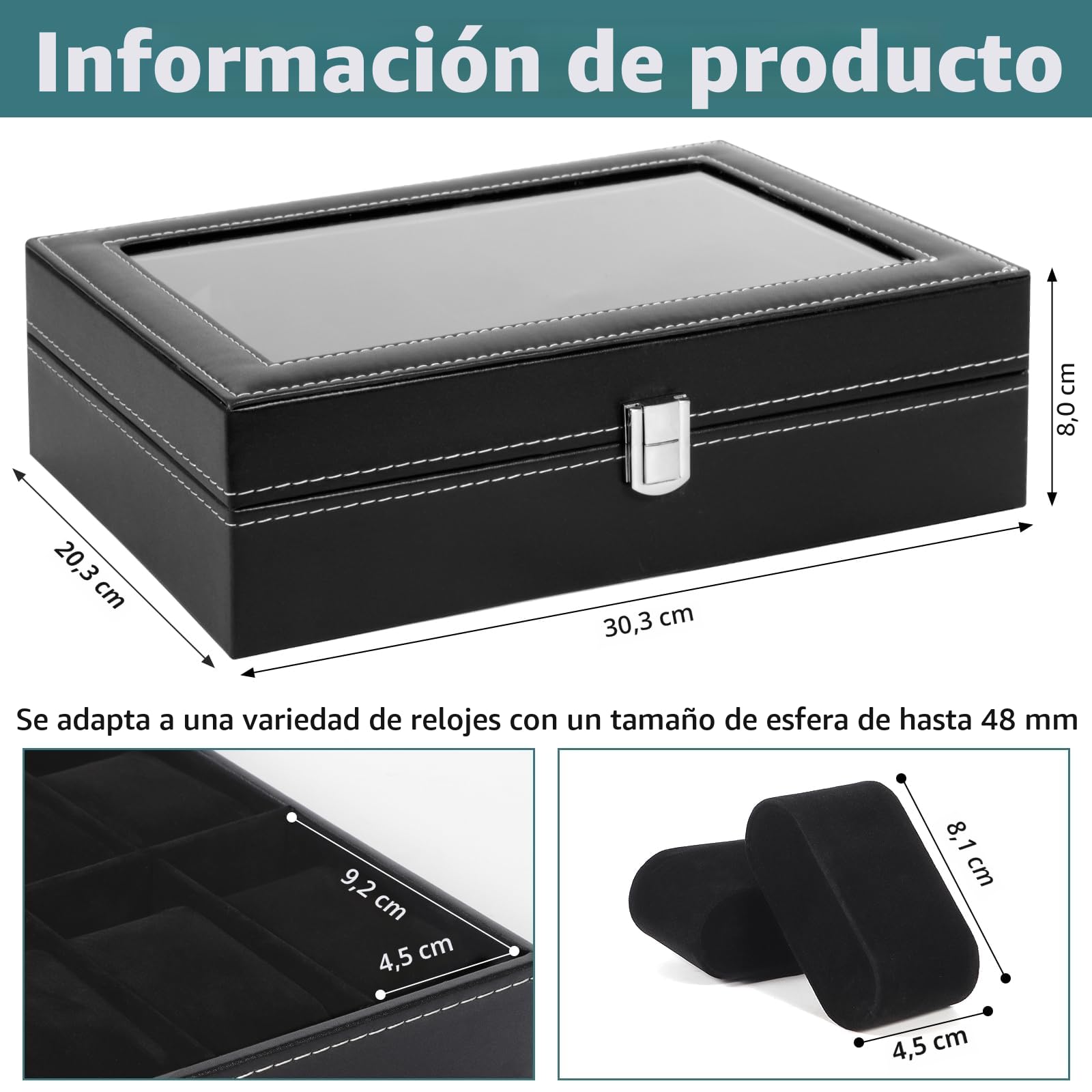 Estuche Relojes 12 Compartimentos Organizador Piel Sintética Almohadilla Extraíble Negro
