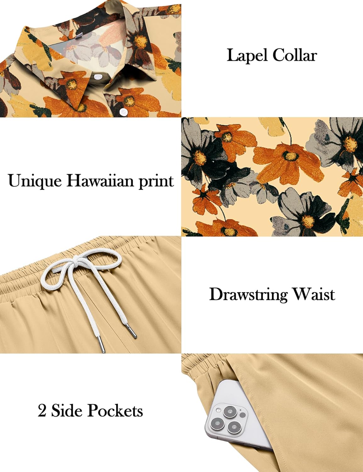 LecGee Men's 2 Piece Hawaiian Short Set Floral Button Down Shirt and Beach Shorts Summer Vacation Outfits for Men - Image 5