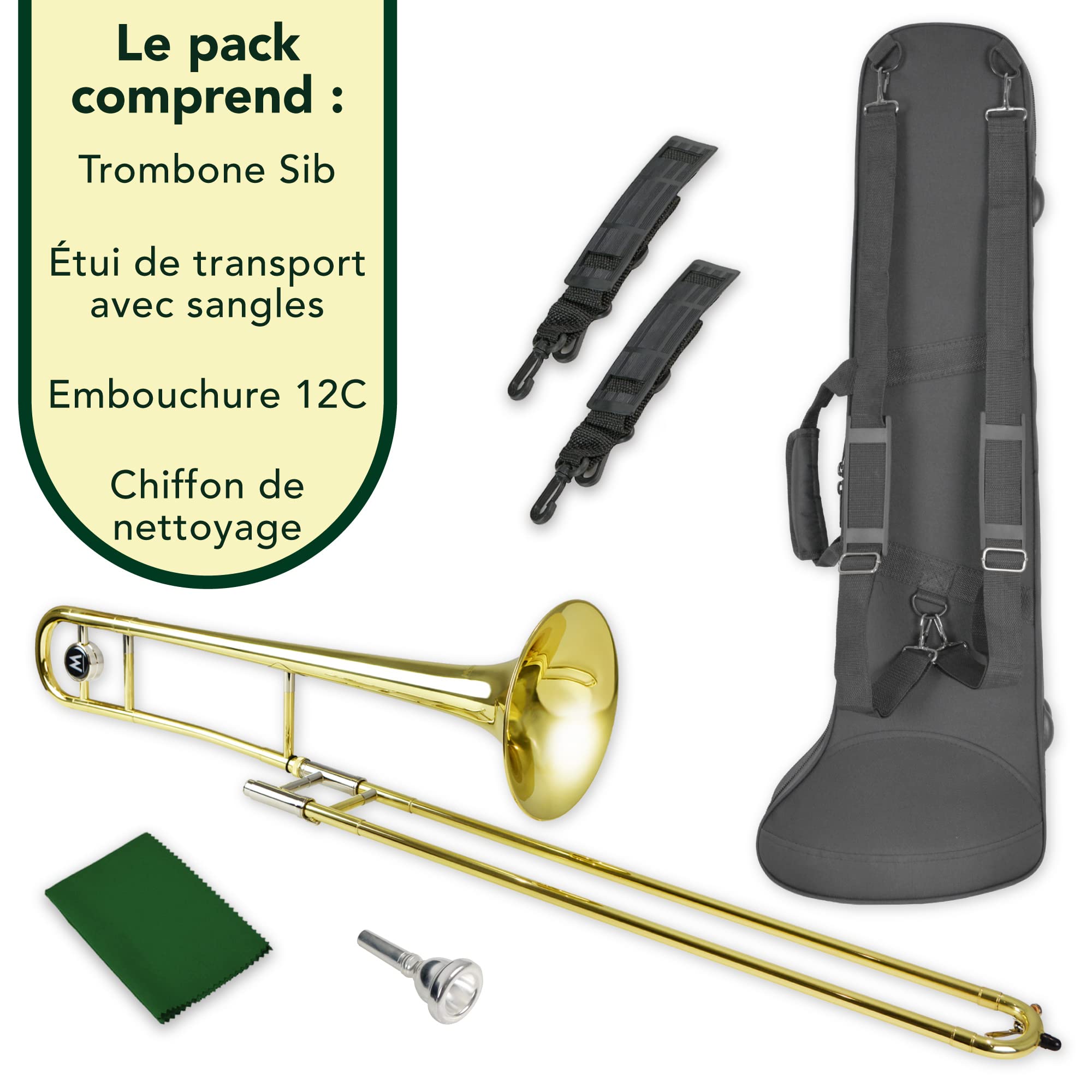 Montreux Student Sib Trombone pour débutants avec étui de protection léger, Embouchure 12C - Laiton laqué, Pavillon 8 pouces / 20 cm, Si bémol