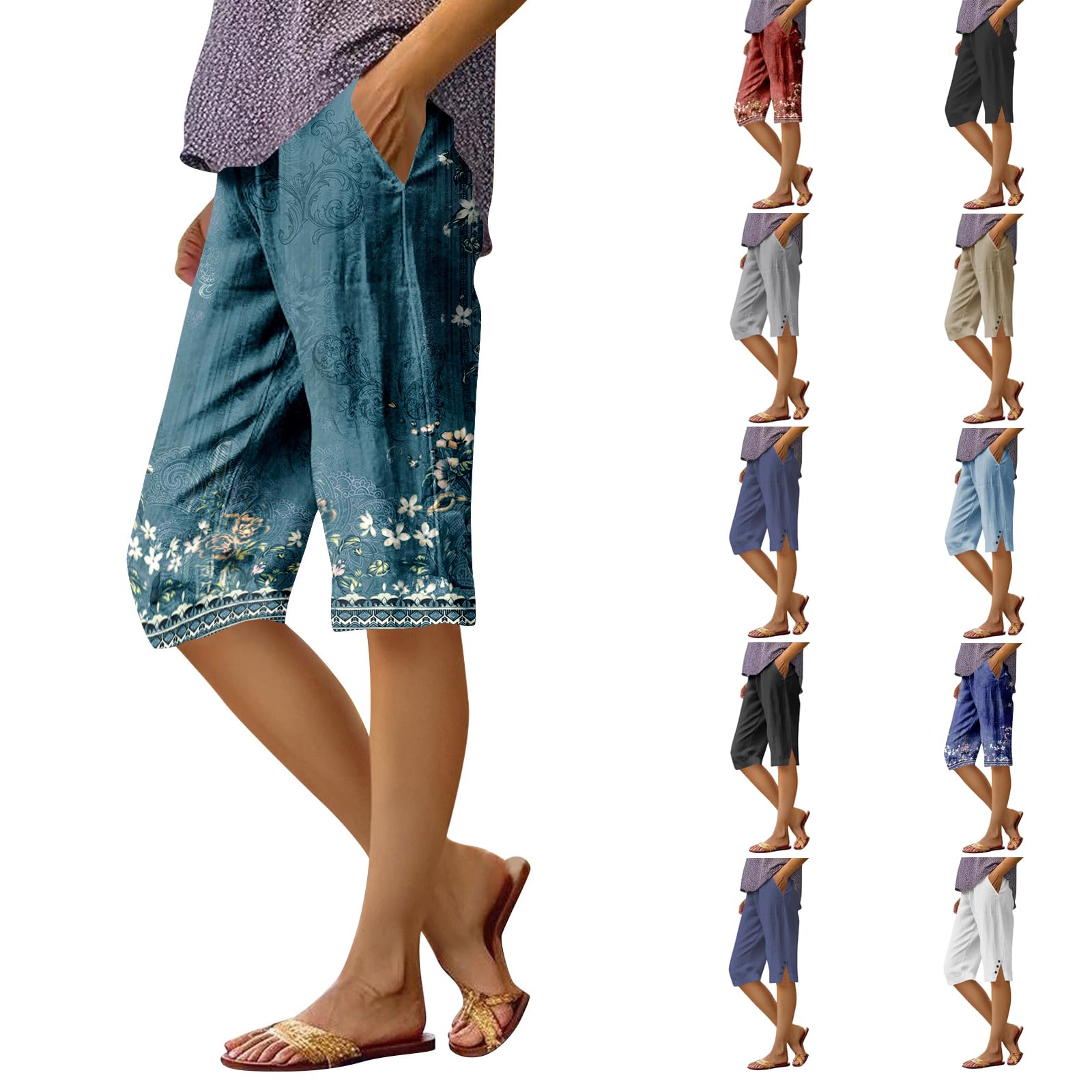 Linen Capri Pants for Women Bermuda Shorts High Waisted Wide Leg Cropped Pants Casual Palazzo Pant with Pockets