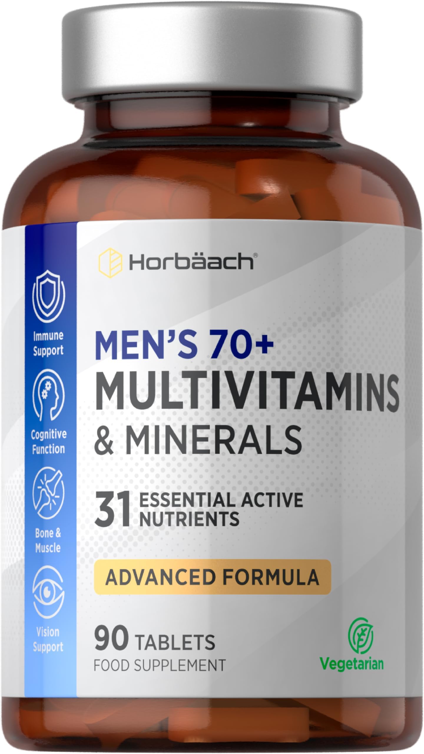 Multivitamin Tablets for Men 70 Plus | 90 Count | with 32 Essential Vitamin and Minerals for 70+ | Suitable for Vegetarians | By Horbaach