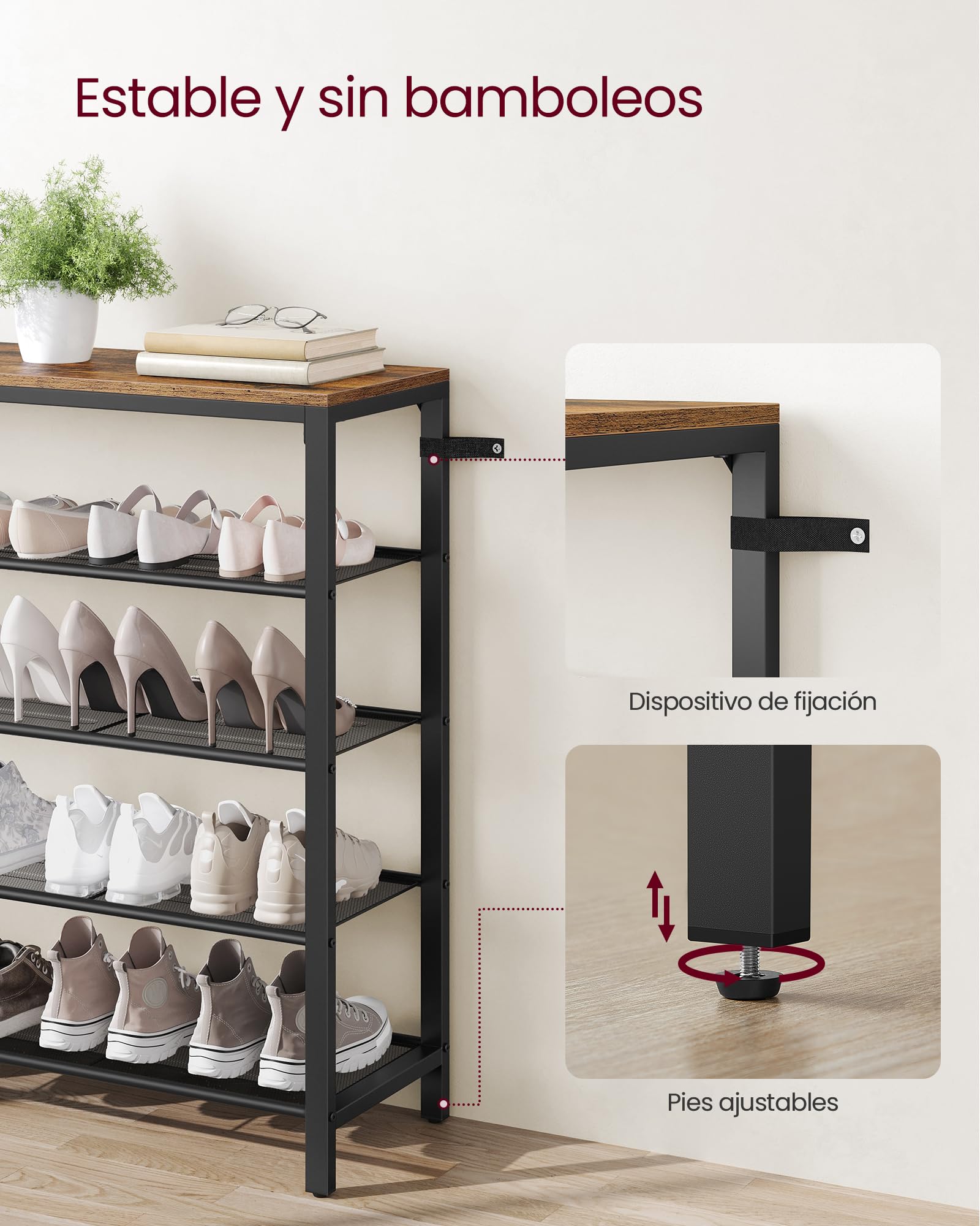 VASAGLE Zapatero, Organizador de Almacenamiento de Zapatos con 4 Estantes de Malla y Gran Superficie para Bolsas, para Entrada, Vestíbulo, Armario, Metal, Industrial, Marrón Rústico y Negro LBS15BX