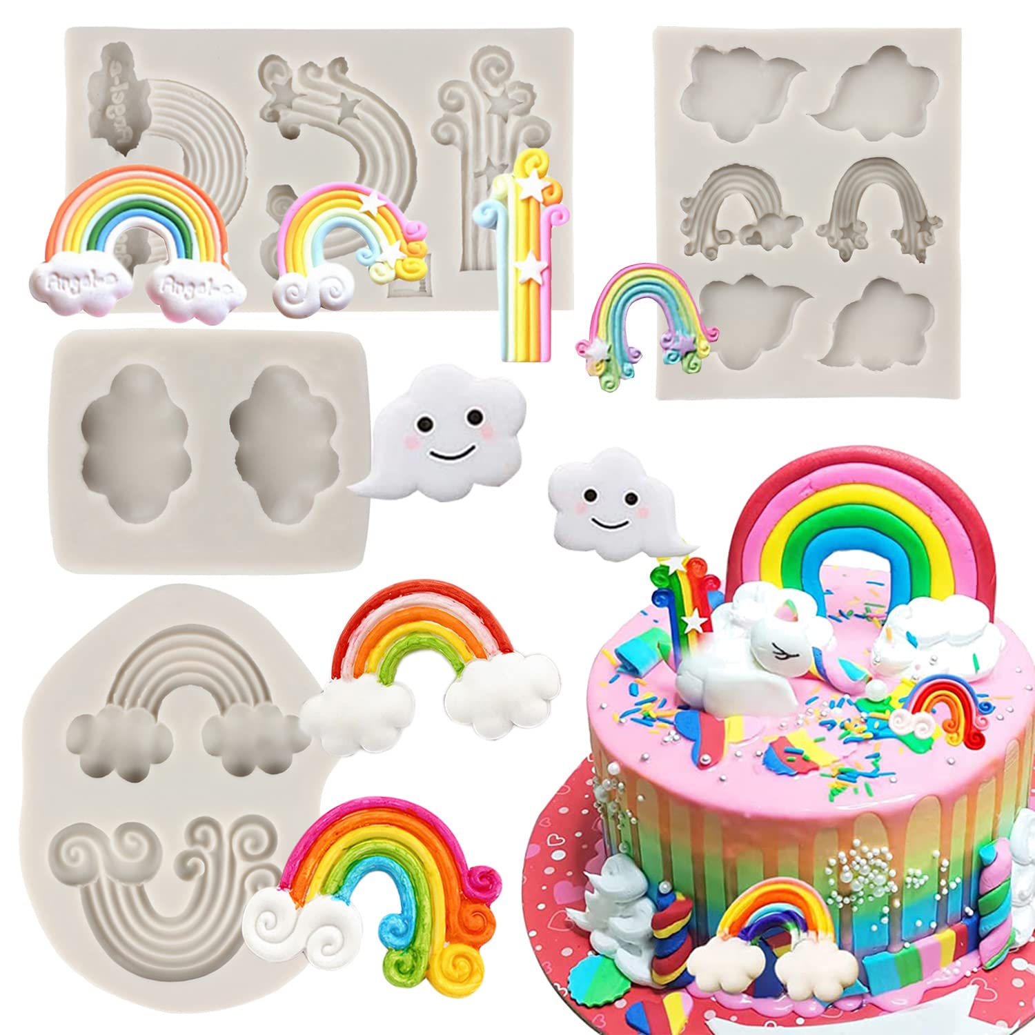 Sijiangmold Rainbow Fondant Chocolate Molds Cloud Silicone Mold For Baby Birthday Cake Decorating Candy Chocolate Gum Paste Crafting Polymer Clay Set Of 4