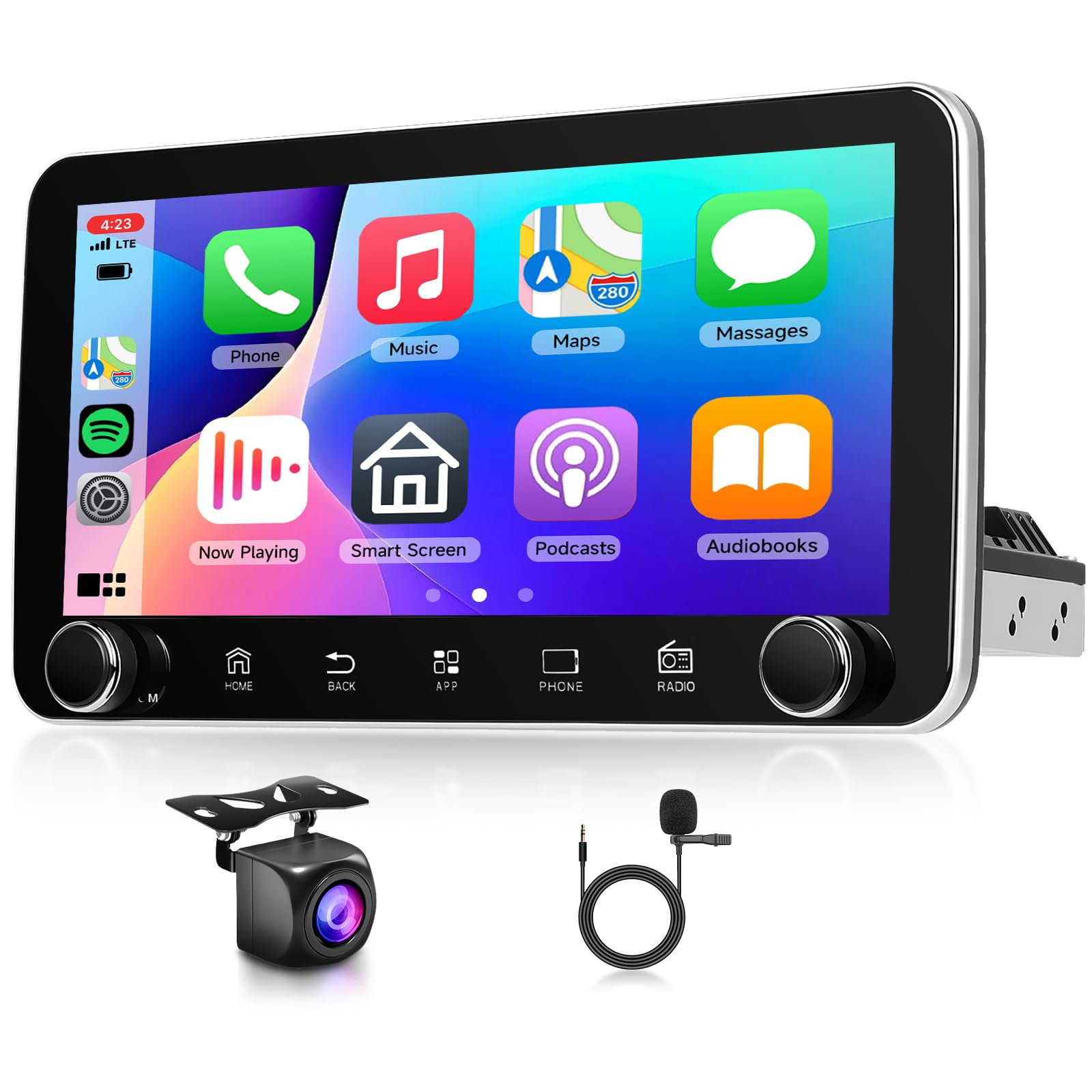 2G 64G Android 13 Radio de Coche 1 DIN Carplay Android Auto Inalámbrica 10,36 Pulgadas IPS 360° Pantalla Giratoria con Mirror Link WiFi Bluetooth GPS FM/RDS Control del Volante Cámara Trasera