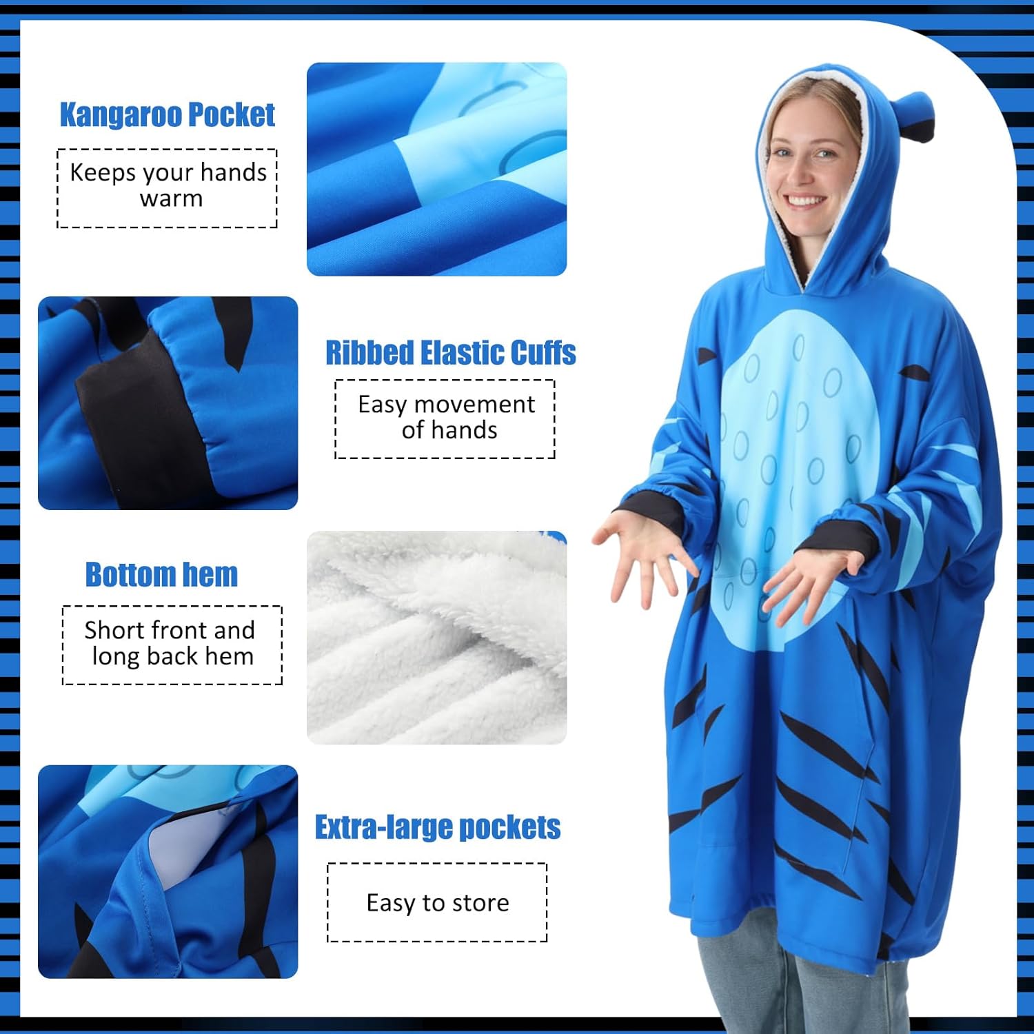 Newcotte Tiger Wearable Blanket Blue Hoodie, Tiger Cosplay Hoodie with Pocket for Gifts Young