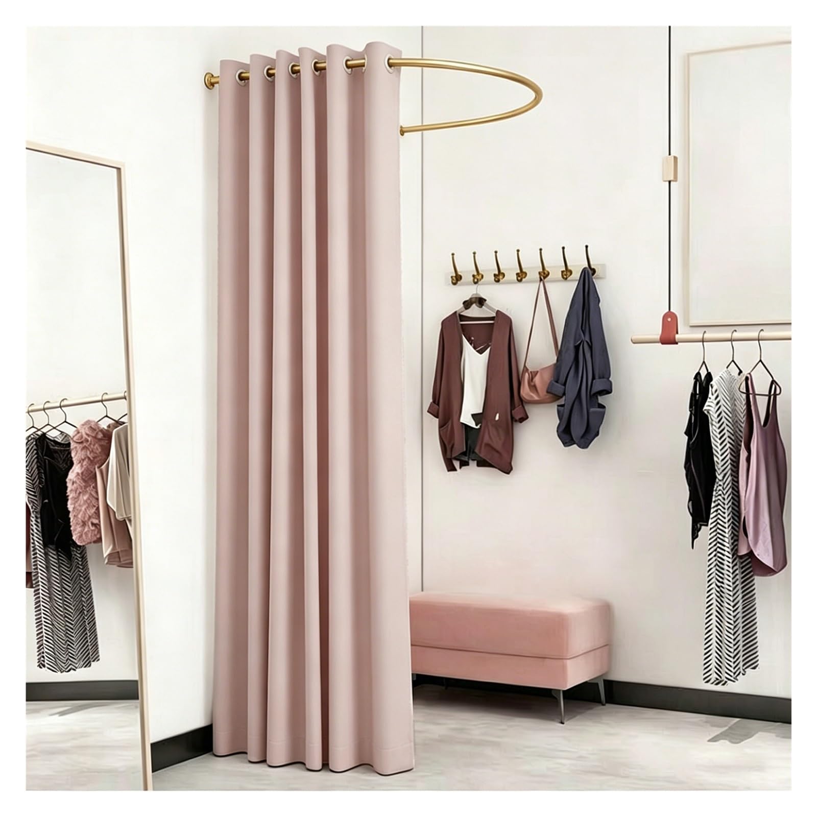 ZJKXJH U Shaped Fitting Room Curtain Rod with Blackout Curtain, Wall-mounted Changing Curtains for Small Spaces, Privacy Partition for Room Divider(Gold Rod+Pink Curtain,110cm/43.3in)