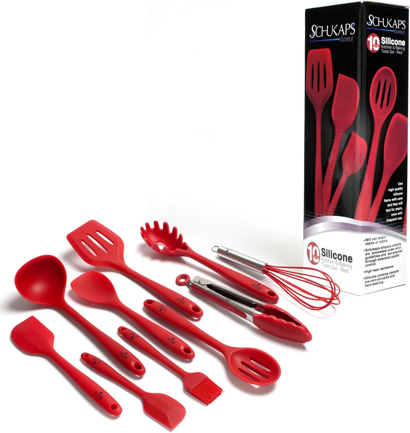Schukaps Premium 10 Pieces Silicone Kitchen Utensils Set - Baking Tools/Utensils - RED - Nonstick - Heat Resistant - Dishwasher Safe - Spatulas, Spoons, Turner, Brush and Whisk Home |