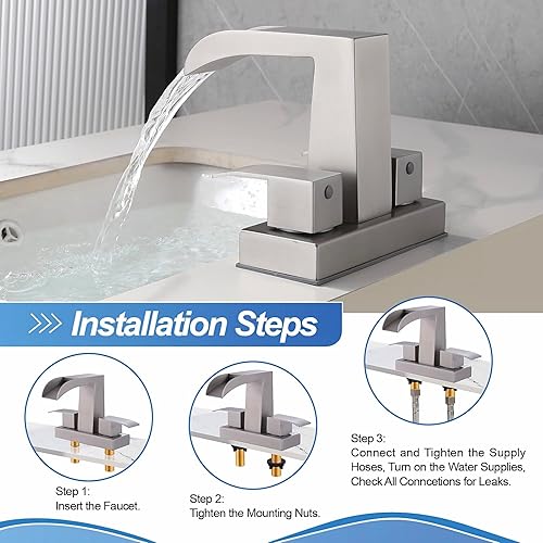 Miniatura 8 de Grifo de lavabo central de 4 pulgadas, grifo de baño de doble manija, adecuado para remodelación de baño, de dos o 3 agujeros, de níquel cepillado