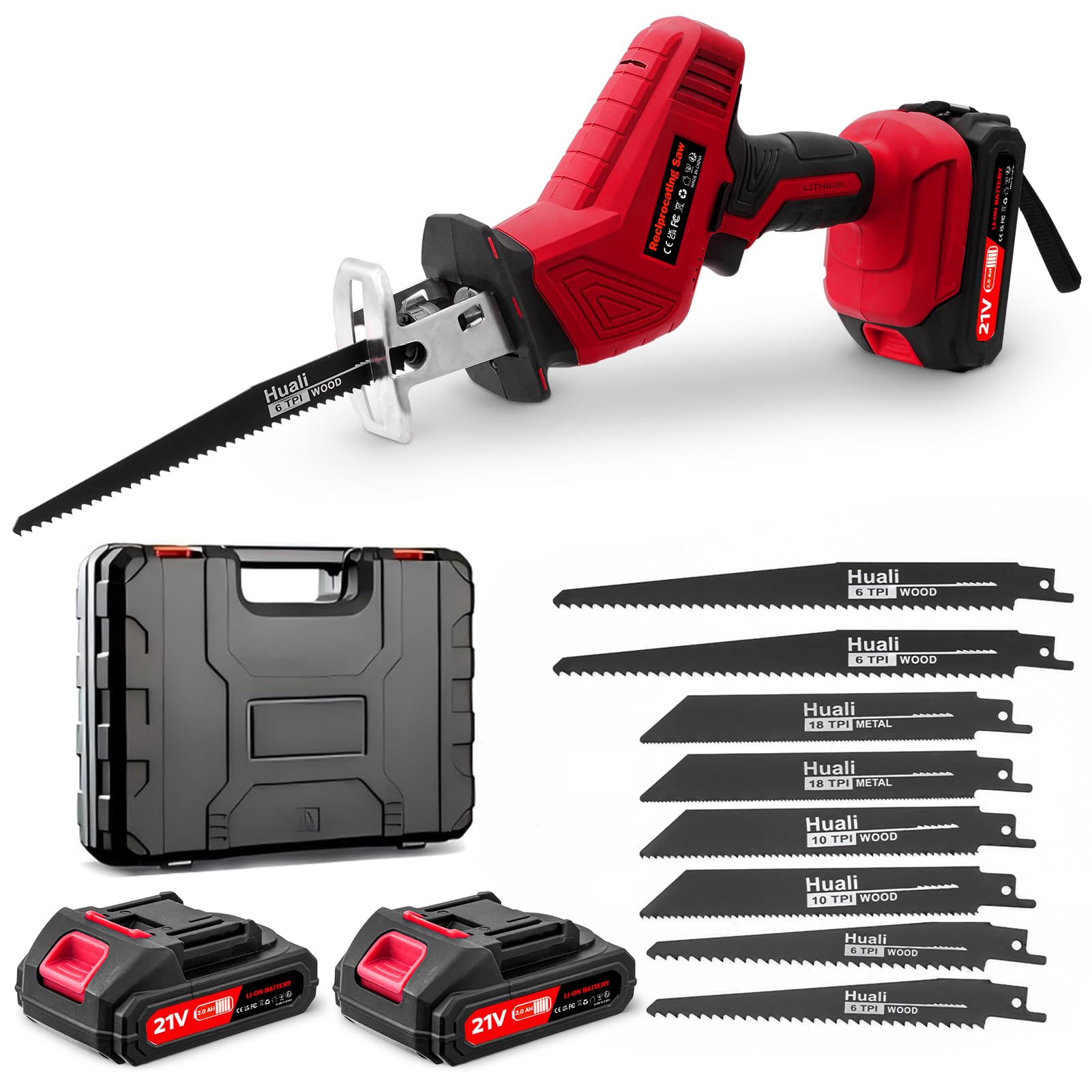 Sega a Gattuccio 21V, 0-4000 RPM, Seghetto Elettrico a Batteria a Velocità Variabile con 2 x 2.0Ah Batteria, Sega Elettrica con 8 Lame per Tagliare PVC/Legno/Metallo – Rosso