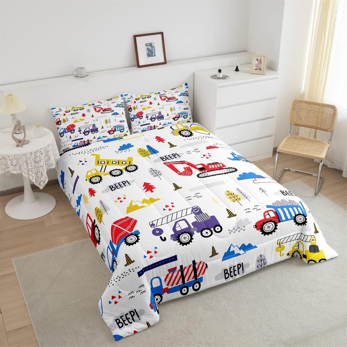 Kids Construction Truck Comforter Twin Size Boys Cartoon Cars Bedding Set Machinery Excavator Tractor Equipment Comforter Set 2Pieces Cute Vehicles Red Blue Yellow Quilt with 1 Pillowcase Boys