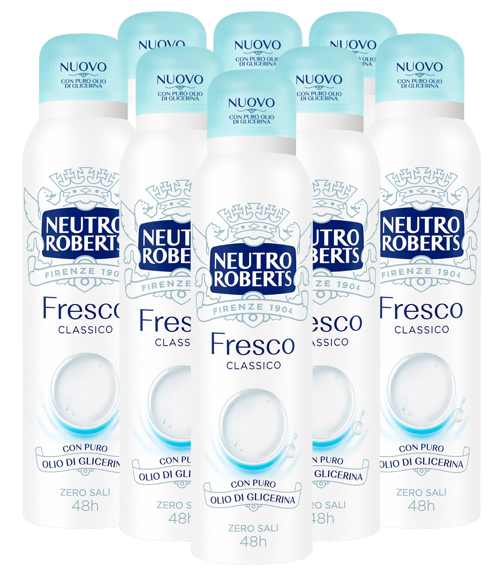 Neutro Roberts Deodorante Spray Fresco Blu Classico Deo 48h Senza Sali di Alluminio per la Naturale Traspirazione della Pelle Formula Senza Polveri Non Lascia Macchie sui Vestiti - 8 Flaconi da 150ml