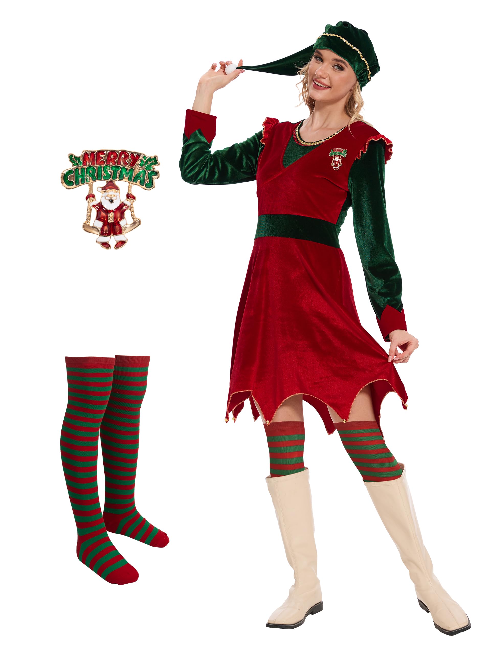 Disfraz de elfo Jovi para mujer, conjunto de vestido de elfo navideño con broche y calcetín para fiesta de disfraces de Navidad