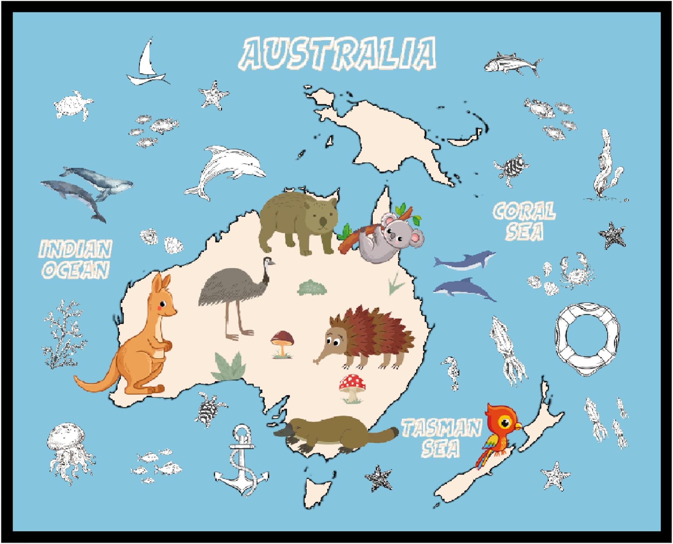 Poster MasterAustralia Continent Map Poster - Animal Map Print - Learning Materials Art - Educational Art - Gift for Students & Teachers - Fun Decor for Classroom or Nursery - 8x10 UNFRAMED Wall Art