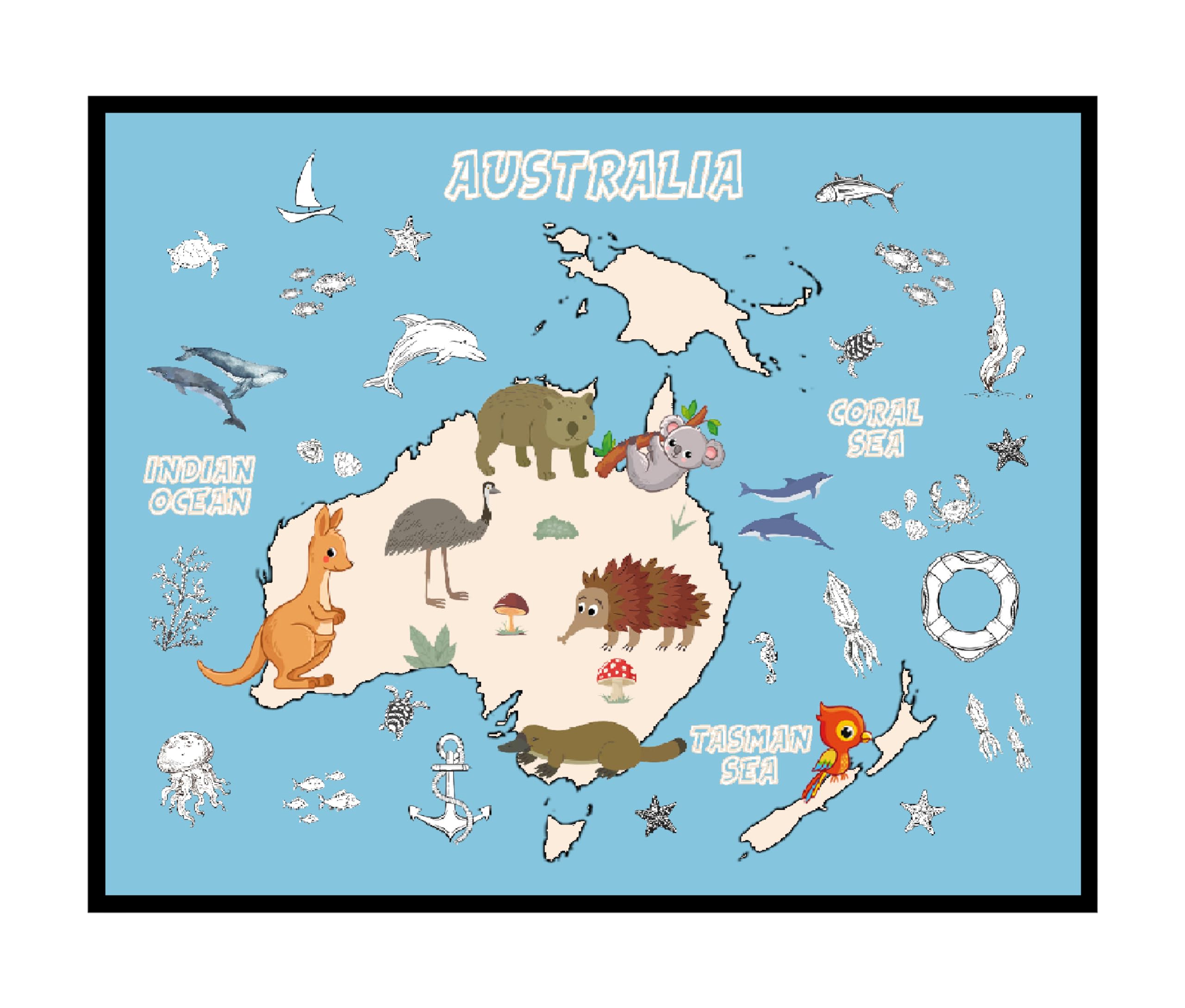 Poster MasterAustralia Continent Map Poster - Animal Map Print - Learning Materials Art - Educational Art - Gift for Students & Teachers - Fun Decor for Classroom or Nursery - 8x10 UNFRAMED Wall Art