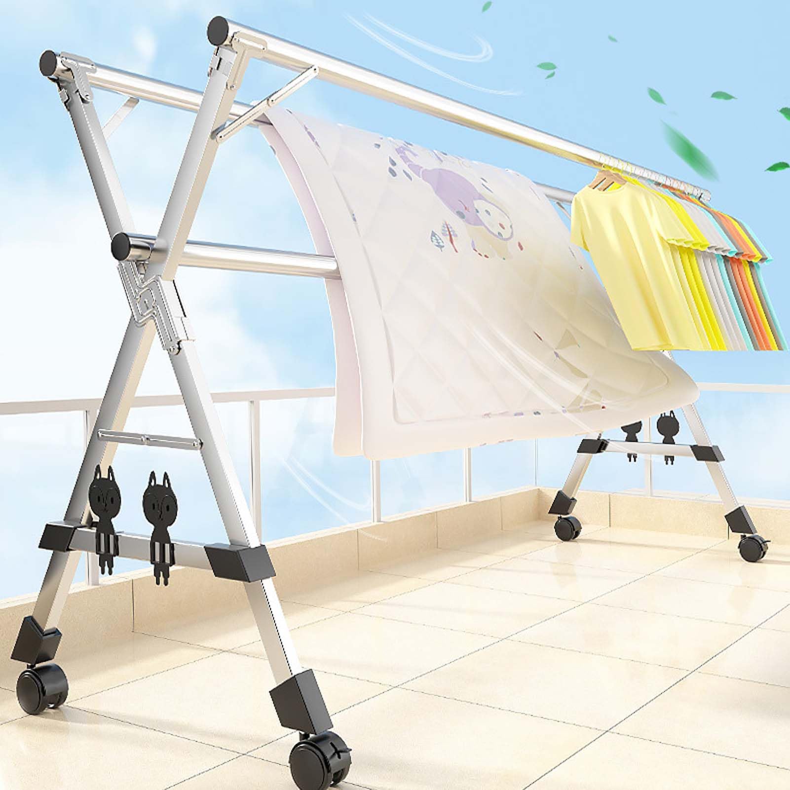 EYRMQWJPC Foldable Clothes Airer， Heavy Duty Stainless Drying Rack Foldable Windproof Hooks Indoor Outdoor Multisizes(1.6m)