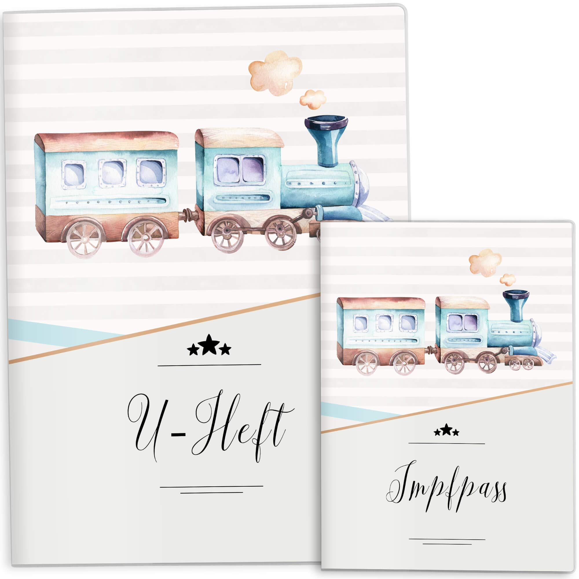 OLGS U-Heft und Impfpasshüllen Set | Transport Eisenbahn | Untersuchungsheft Hülle & Impfpasshülle schöne Geschenkidee (Uhefthülle, Impfpasshülle ohne Personalisierung, Lokomotive)
