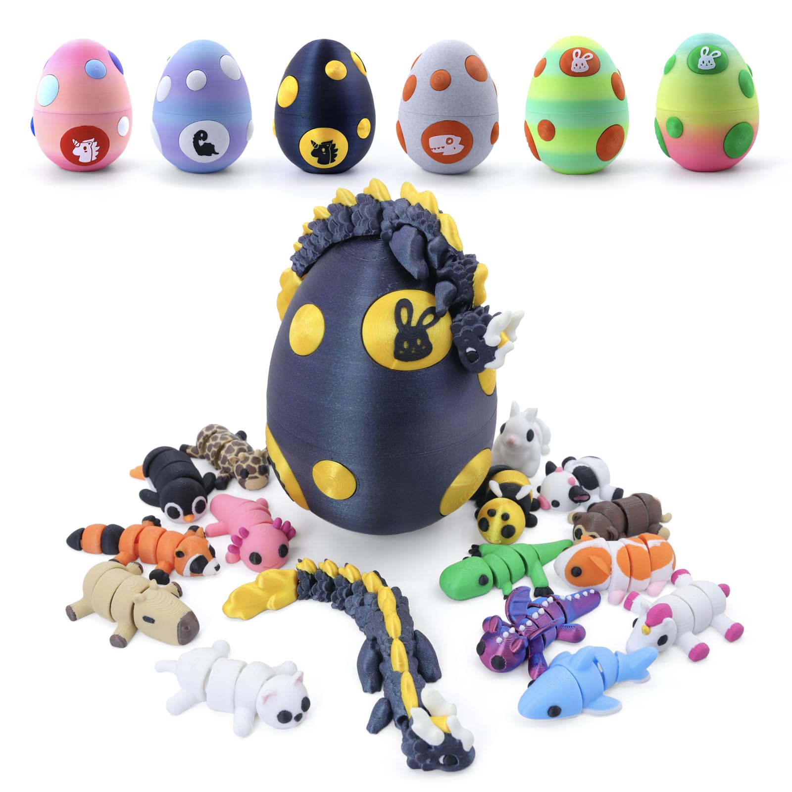 HyBaiS 2026 Easter Basket Essentials - Easter Eggs for Egg Hunt, Classroom Rewards for Kids, Reusable Mini 3D Printed Animals, Surprise Unboxing