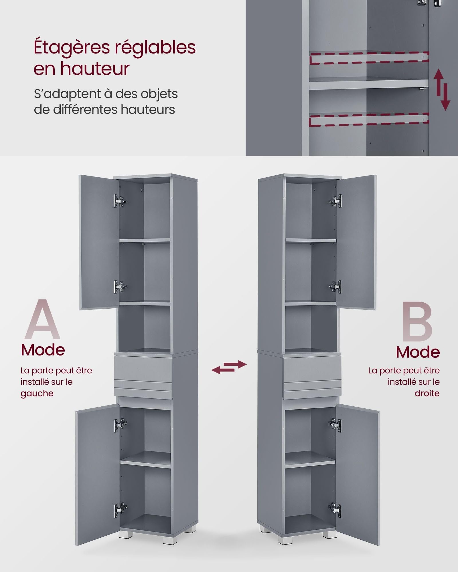 Helloshop26 - Armario para cuarto de baño, mueble de almacenamiento, columna, con cajón estantes ajustables, compartimentos 30 x 30 x 170 cm, color gris 12_0004019