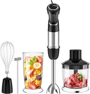 Bonsenkitchen Mixeur Plongeant, 5 en 1 Mixeur à Main Multifonction avec 12 Vitesses de Réglables, Hachoir de 500ml, Récipient doseur de 600ml, Fouet, Mousseur à lait, Robot de Cuisine sans BPA