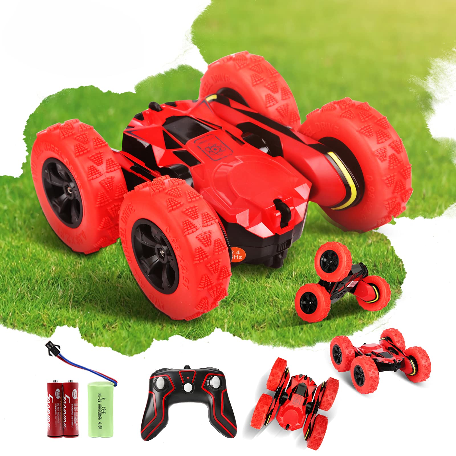 FaylorRC Stunt Car Rechargeable Racing Car with 2.4Ghz Remote Control, High Speed Car Toys 4WD Double Sided 360° Spins and Flips Driving Car Toys for Kids Boy(Red)