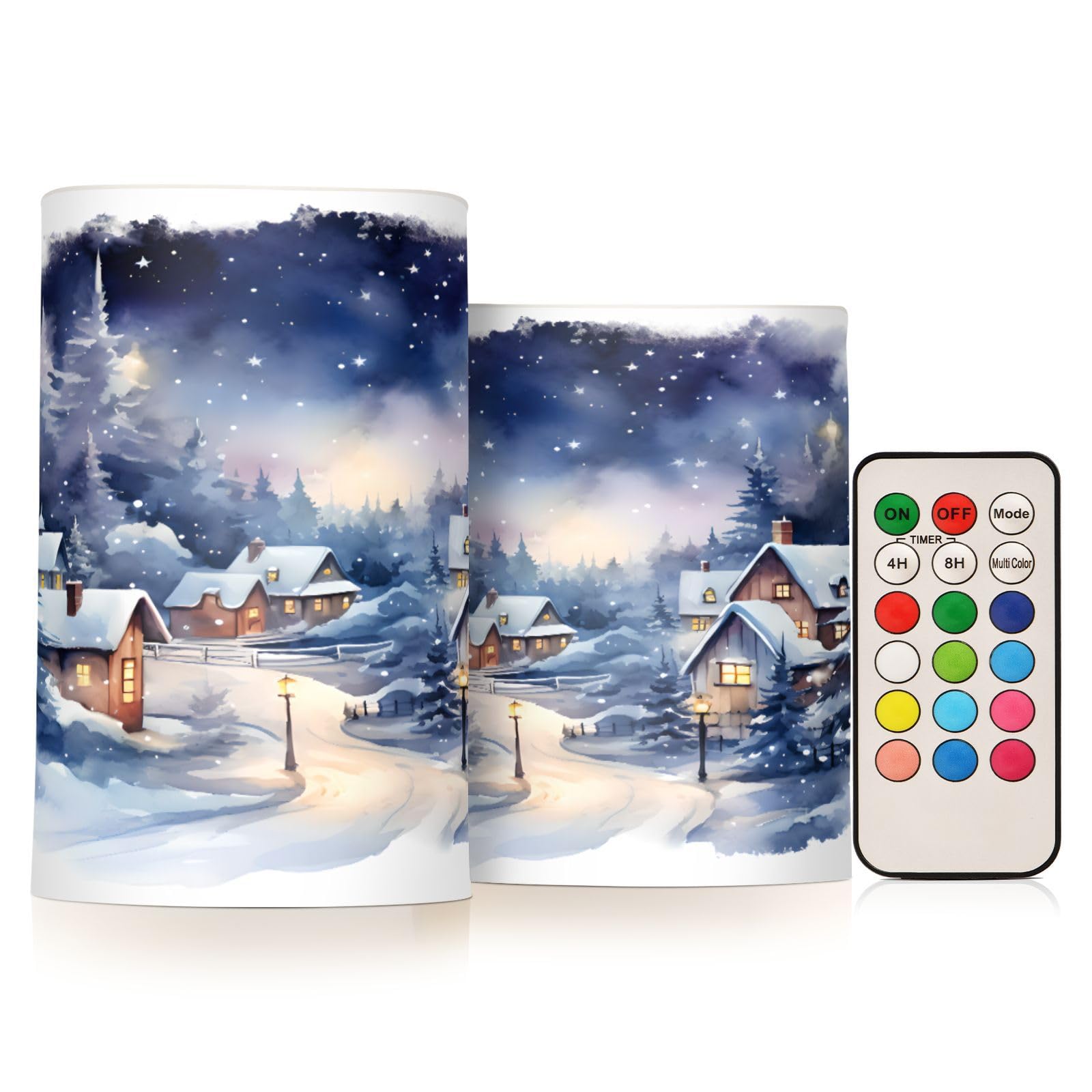 Mnsruu Flickering Flameless Candles Winter Snowy Landscape LED Candles with Remote Timer Set of 2 Battery Operated Candle Home Decoration