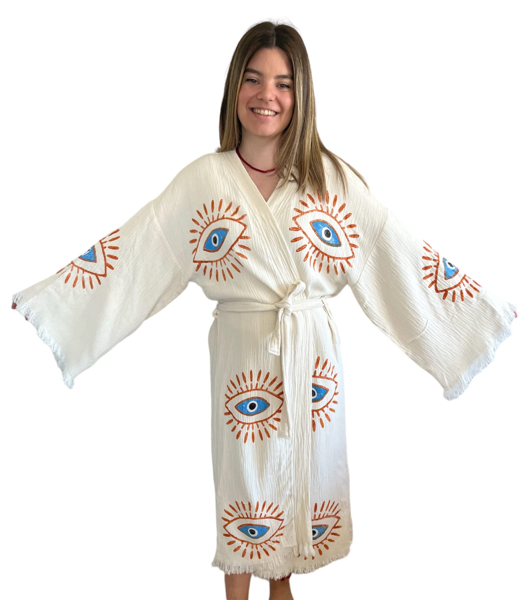 muslin babiesHandmade Evil Eye Kimono - Women Beach Cover Up - Festival Bohemian Robe - Boho Cotton Cardigan - Dressing Gown