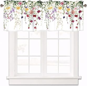 Spring Wildflowers Curtain Valance for Windows Floral Pink Rod Pocket Window Treatments 1 Panel Short Curtains for Kitchen Windows Bathroom Bedroom,42 x 12 Inch