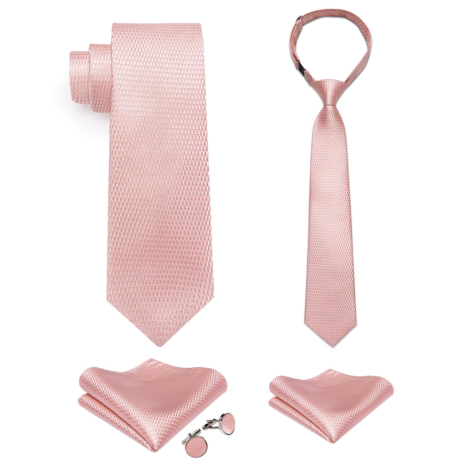 DiBanGu 2PCS Set for Father and Son Tie Silk Mens and Boys Adjustable Necktie & Pocket Square Cufflinks Kids Pre-tied Necktie, Blush Pink