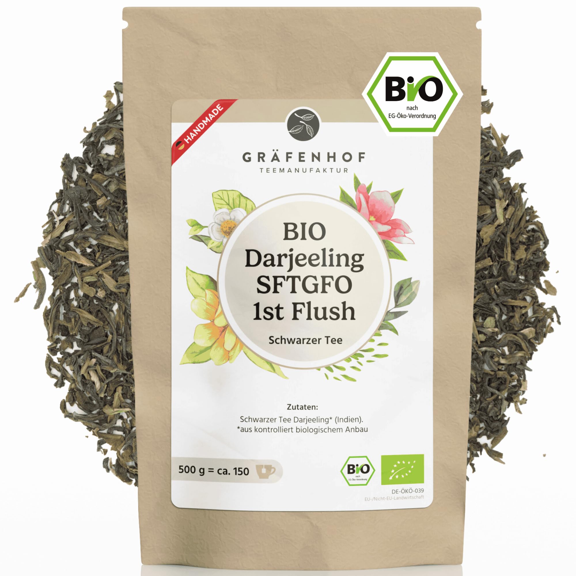 Darjeeling First Flush Bio Tee, 500g, (50+ Tassen) Premium loser Schwarztee, feinste blumige Note, ganze lose Blätter, direkt aus Indien, analysiert und geprüft, naturbelassen in DE abgefüllt
