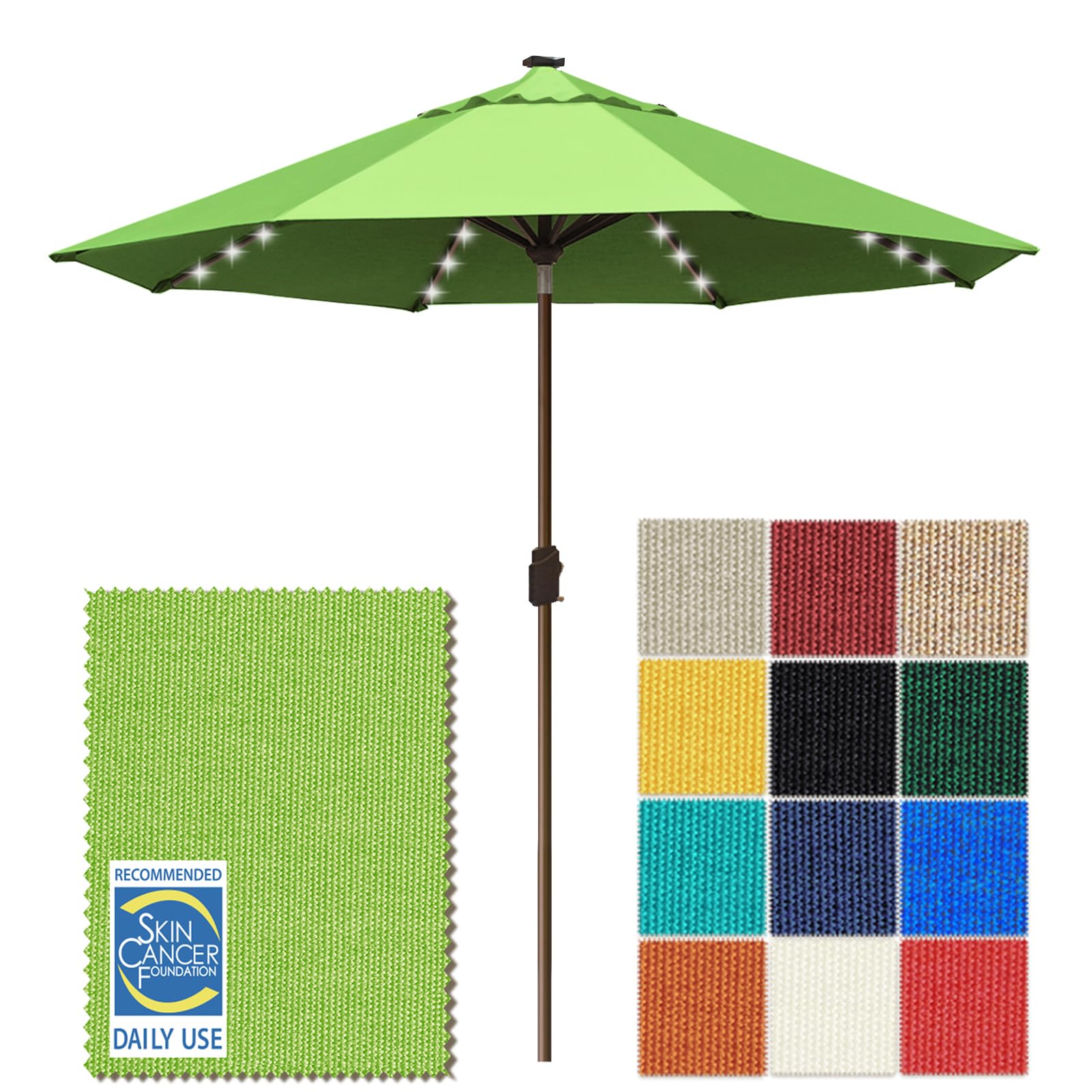 eliteshade usa 10-year-non-fading 10ft market patio umbrella, commercial grade table sun umbrella with 80 solar led lights, crank open, windproof & upf 50+ uv protection for garden, deck, pool, backyard, macaw green