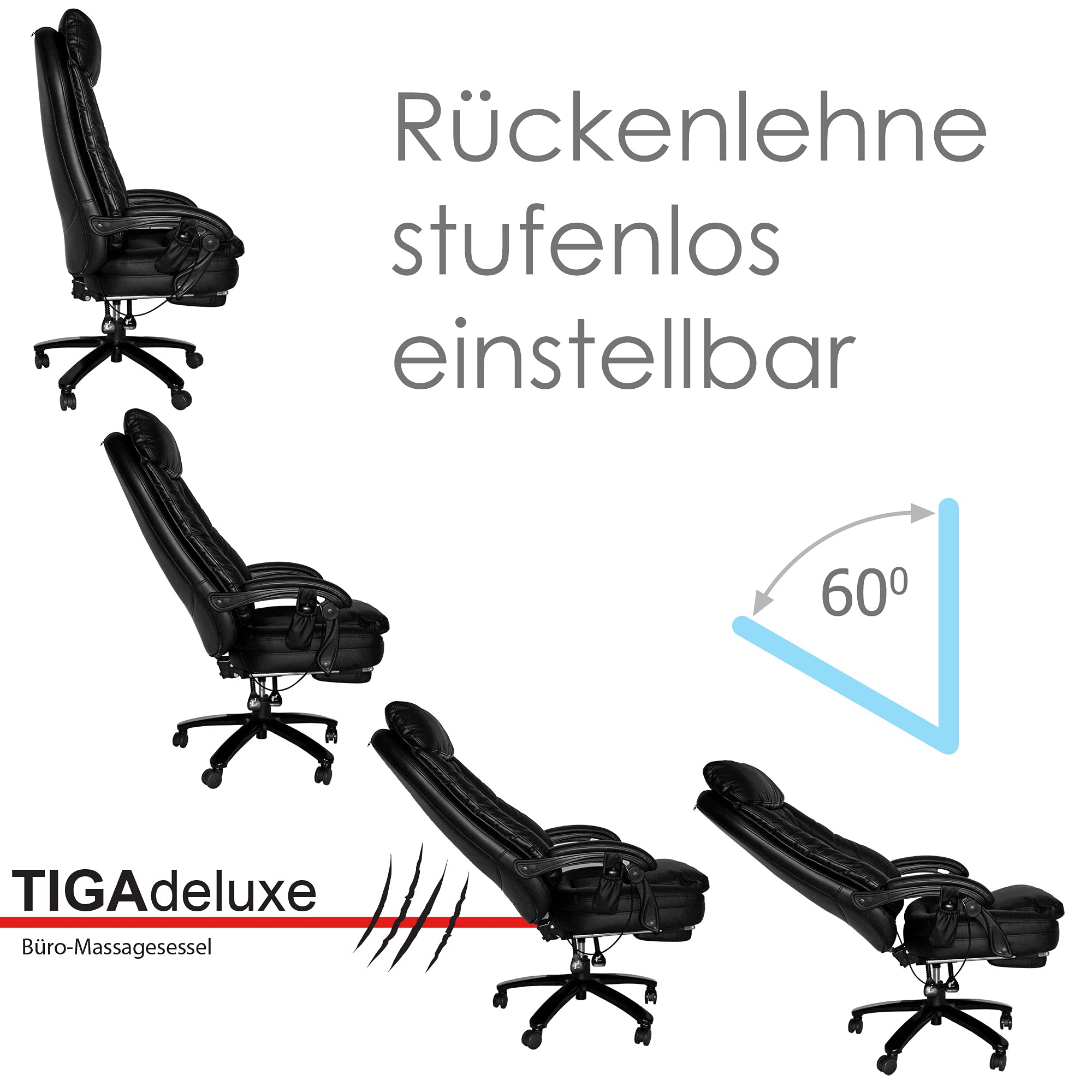 @tec Tiga Deluxe Chefsessel mit Massagefunktion und Wärme, Bürosessel mit kräftiger Shiatsu Massage, Bürostuhl gepolstert mit Rollen, Drehstuhl Kunstleder schwarz